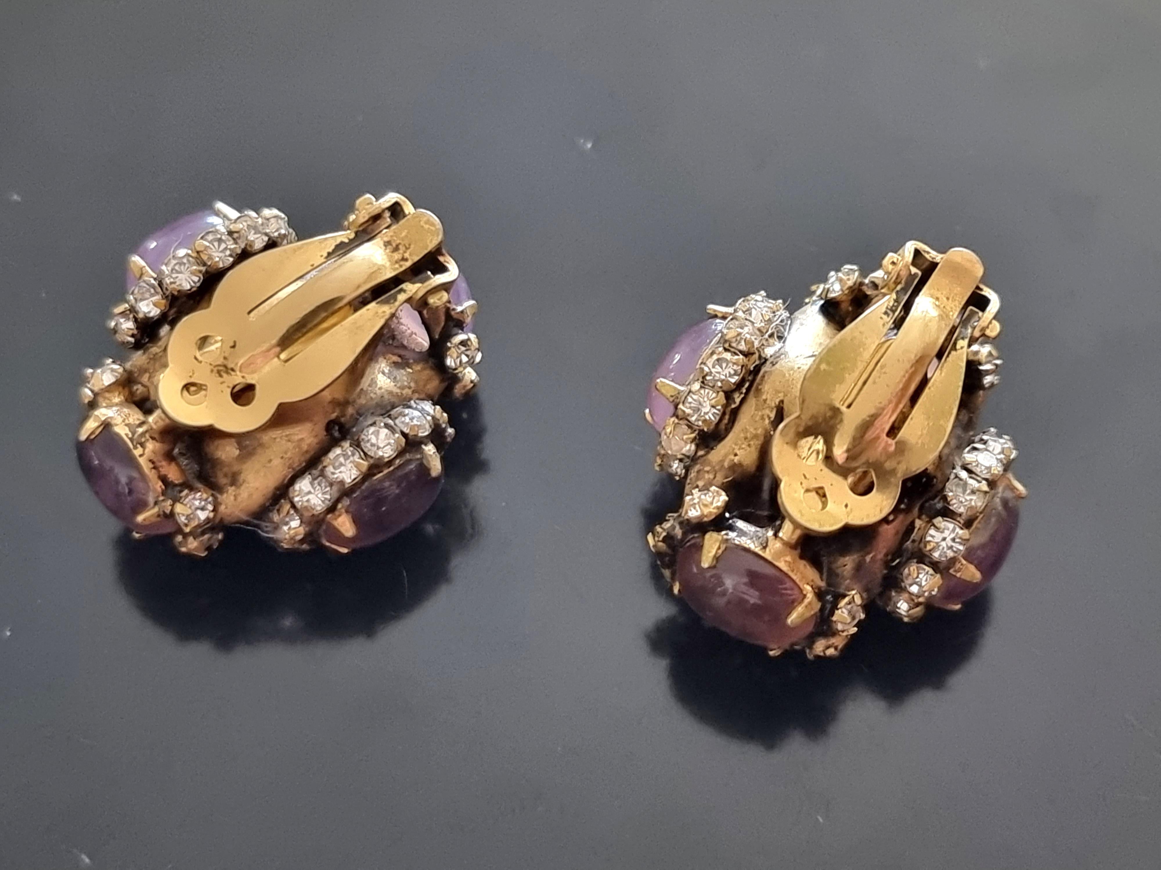 Iradj Moini, Clip-on EARRINGS, vintage, glass cabochons, rhinestones For Sale 3