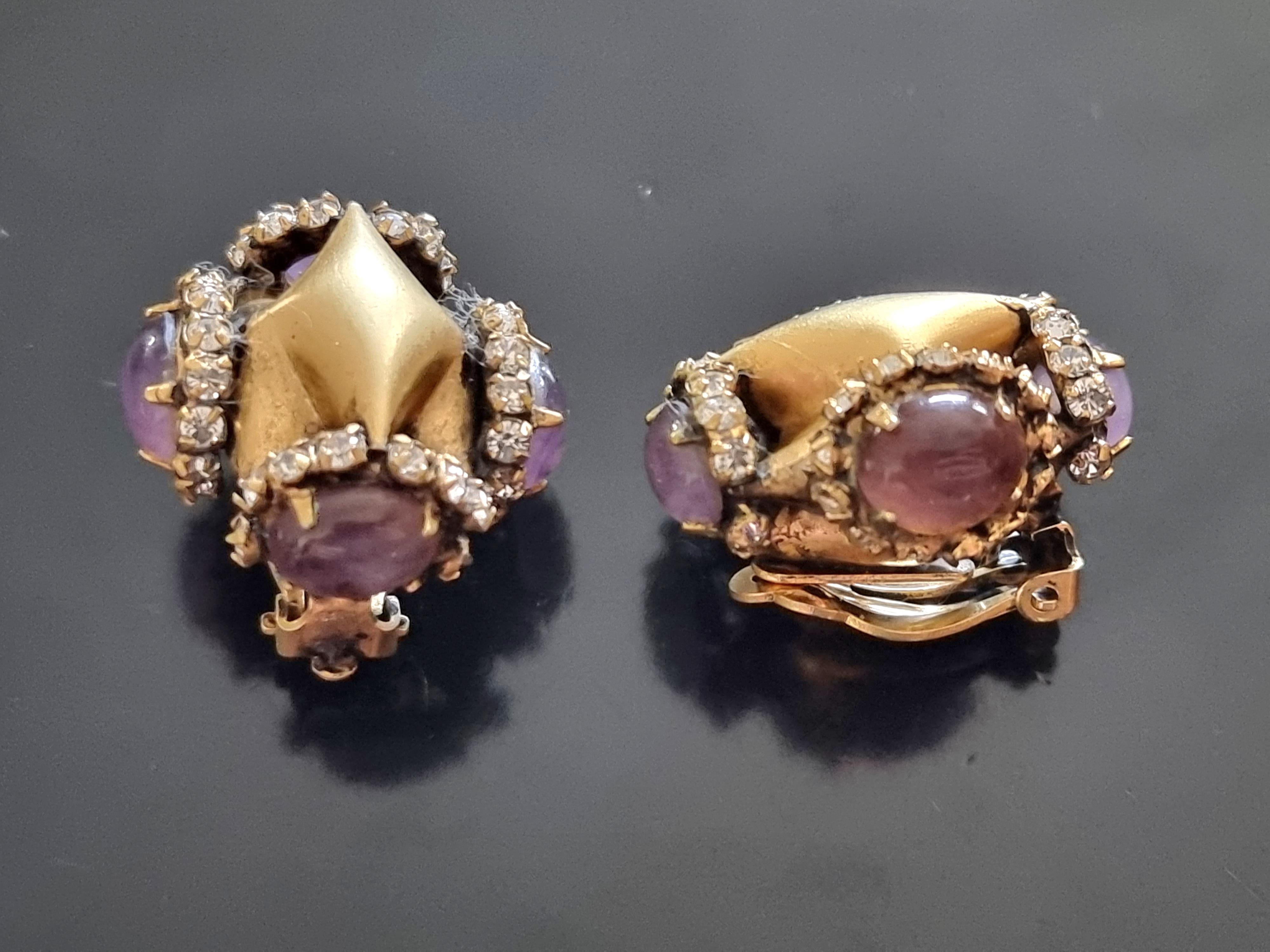 Iradj Moini, Clip-on EARRINGS, vintage, glass cabochons, rhinestones In Good Condition For Sale In SAINT-CLOUD, FR