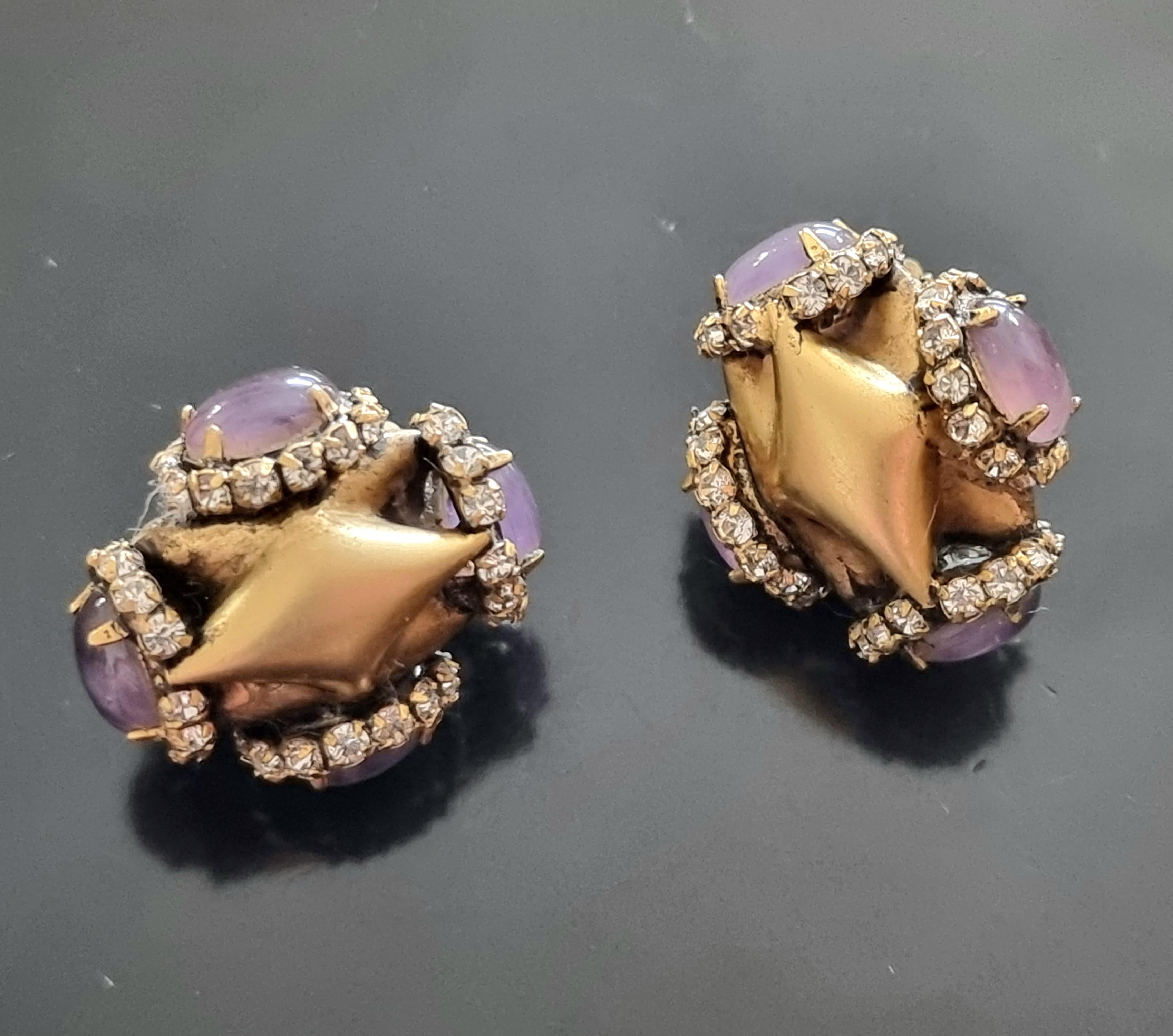 Iradj Moini, Clip-on EARRINGS, vintage, glass cabochons, rhinestones In Good Condition For Sale In SAINT-CLOUD, FR