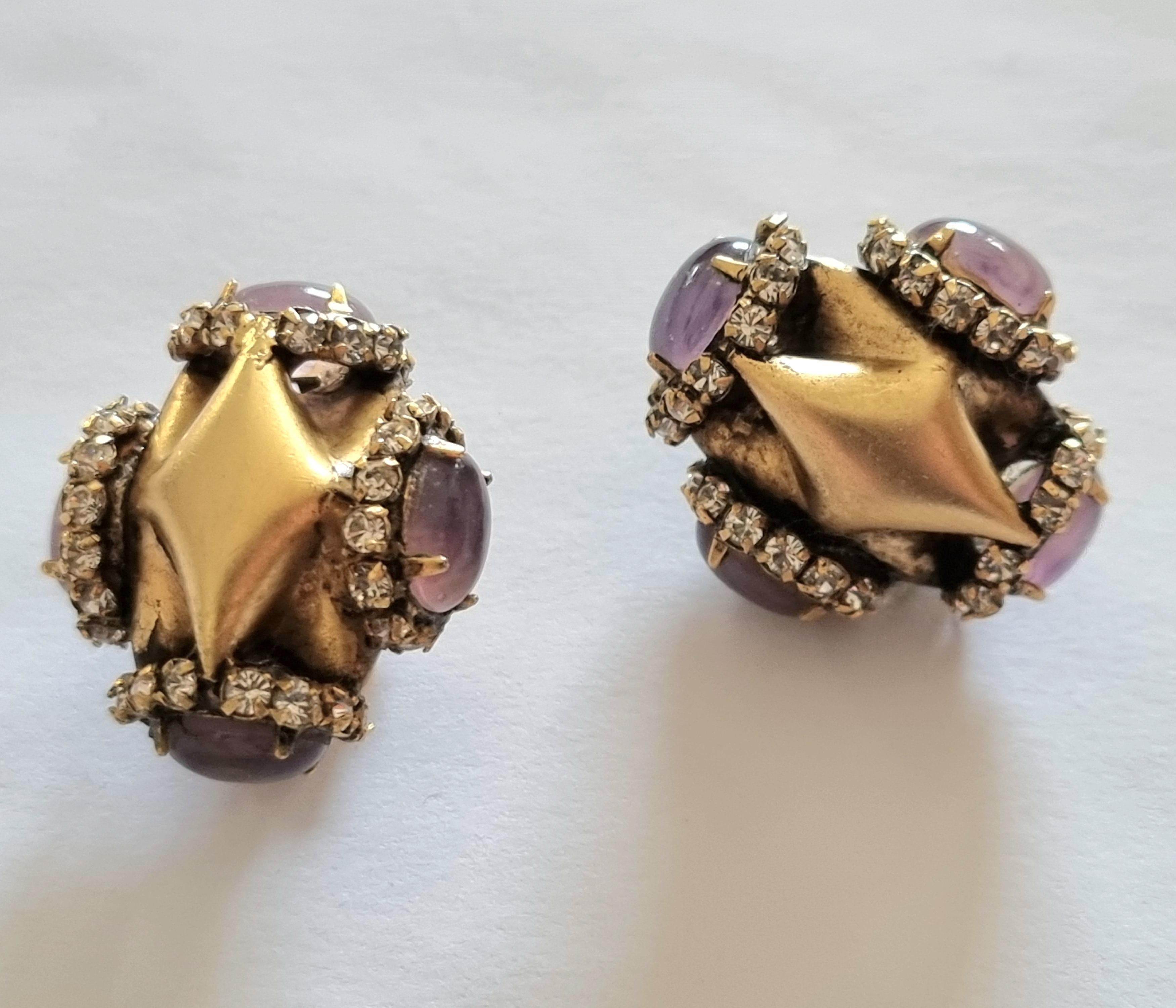 Iradj Moini, Clip-on EARRINGS, vintage, glass cabochons, rhinestones For Sale 1