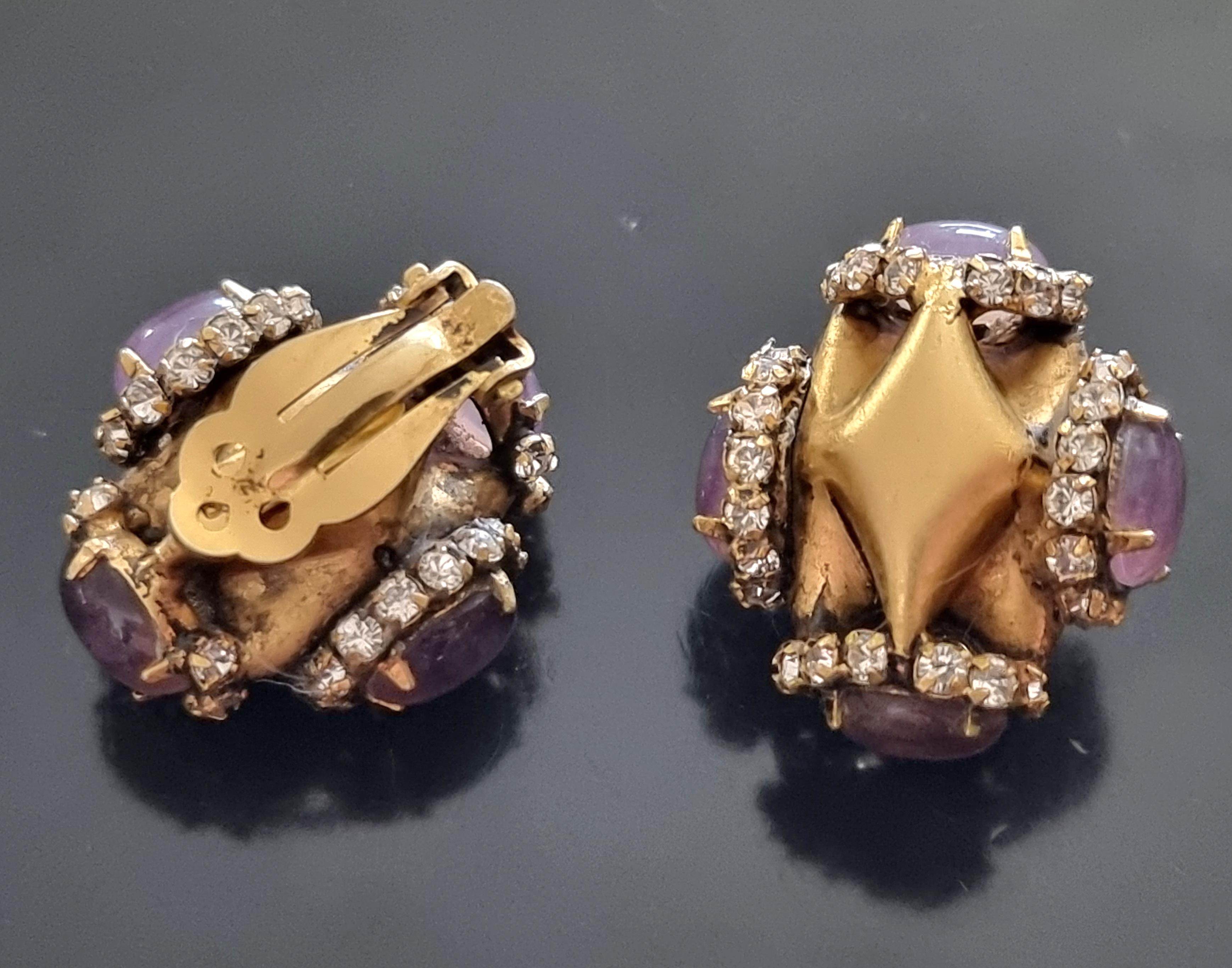 Iradj Moini, Clip-on EARRINGS, vintage, glass cabochons, rhinestones For Sale 2