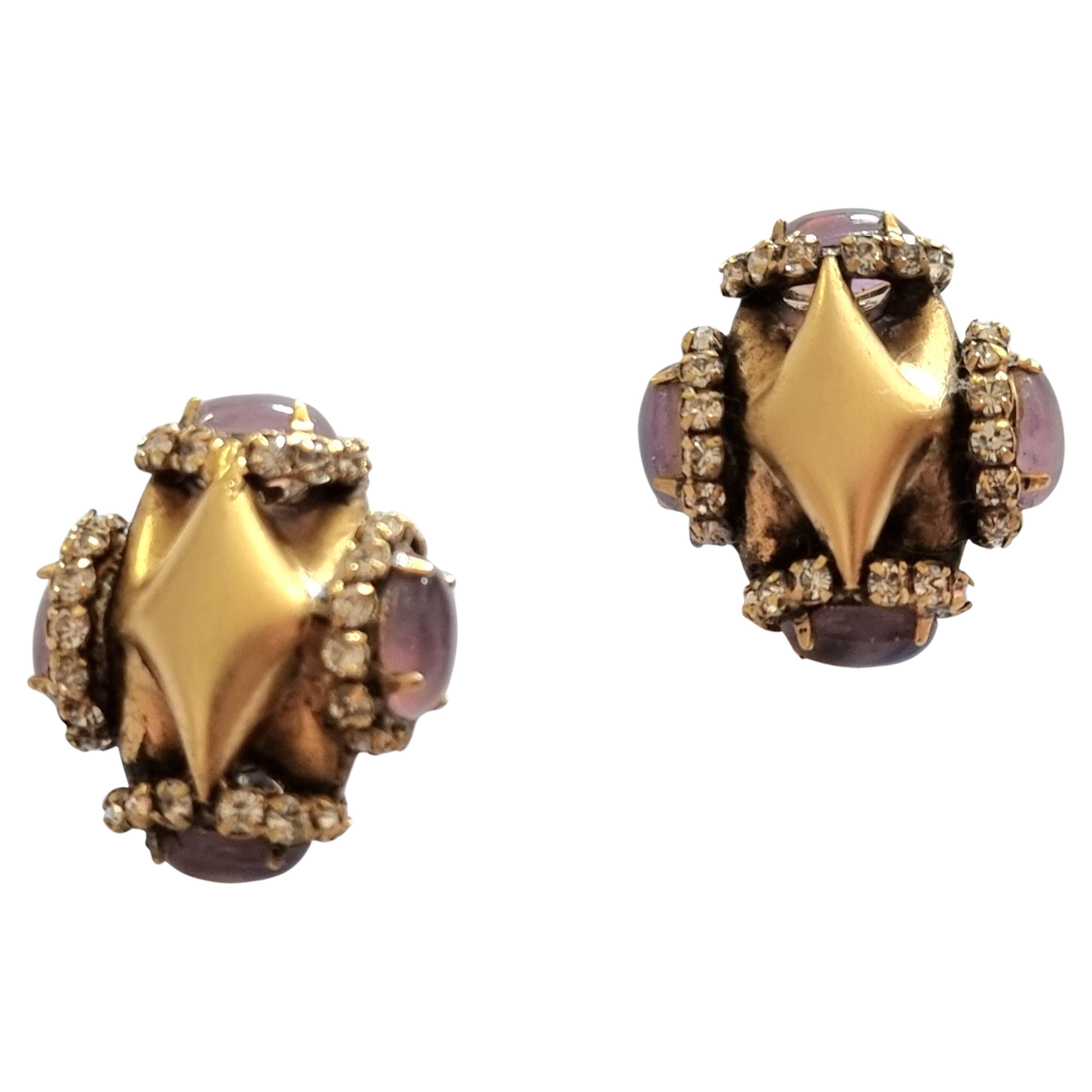 Iradj Moini, Clip-on EARRINGS, vintage, glass cabochons, rhinestones For Sale