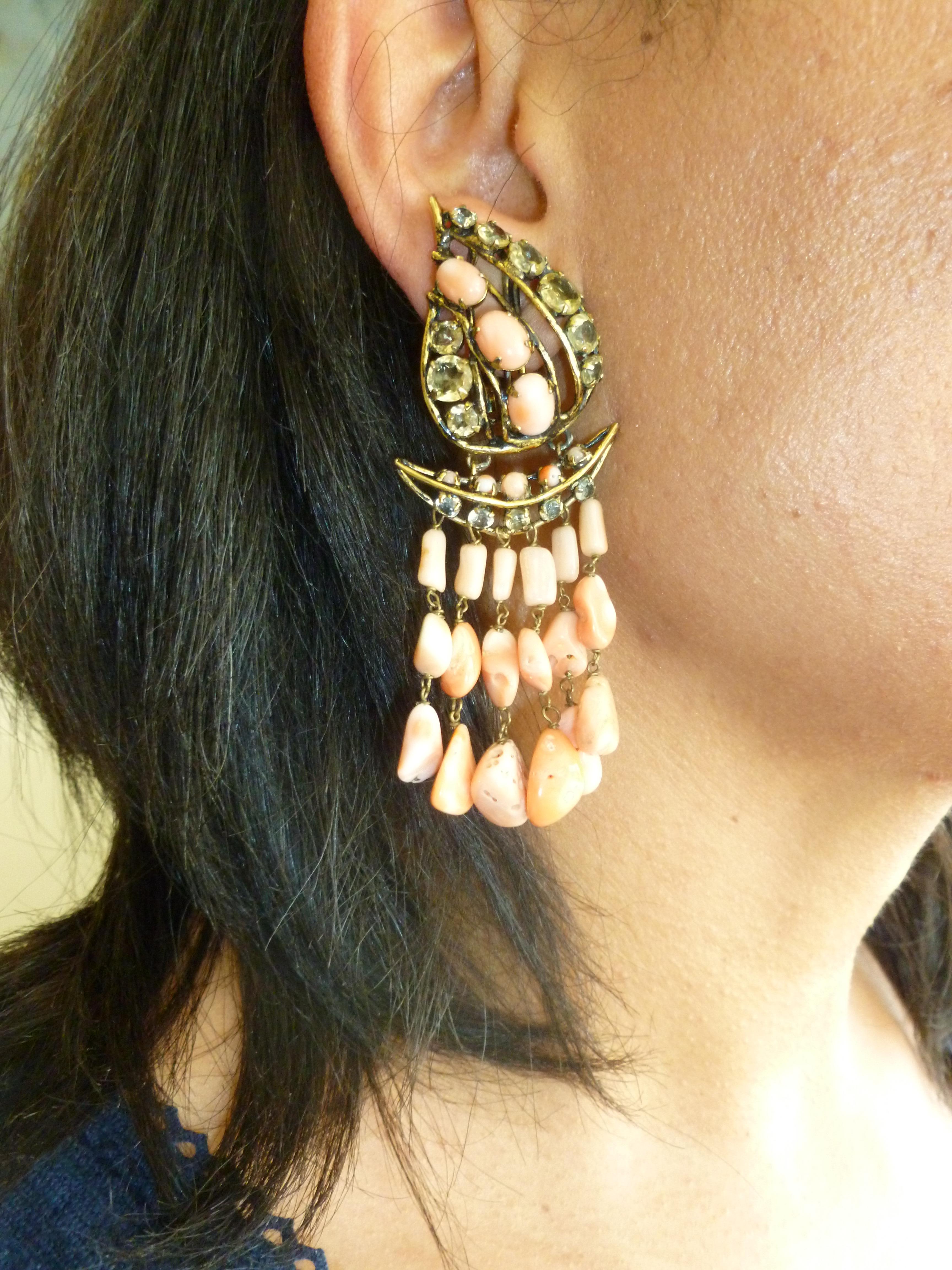 Iradj Moini Angel Coral, Citrine & Rhinestone Dangle Clip on Earrings Vintage For Sale 3