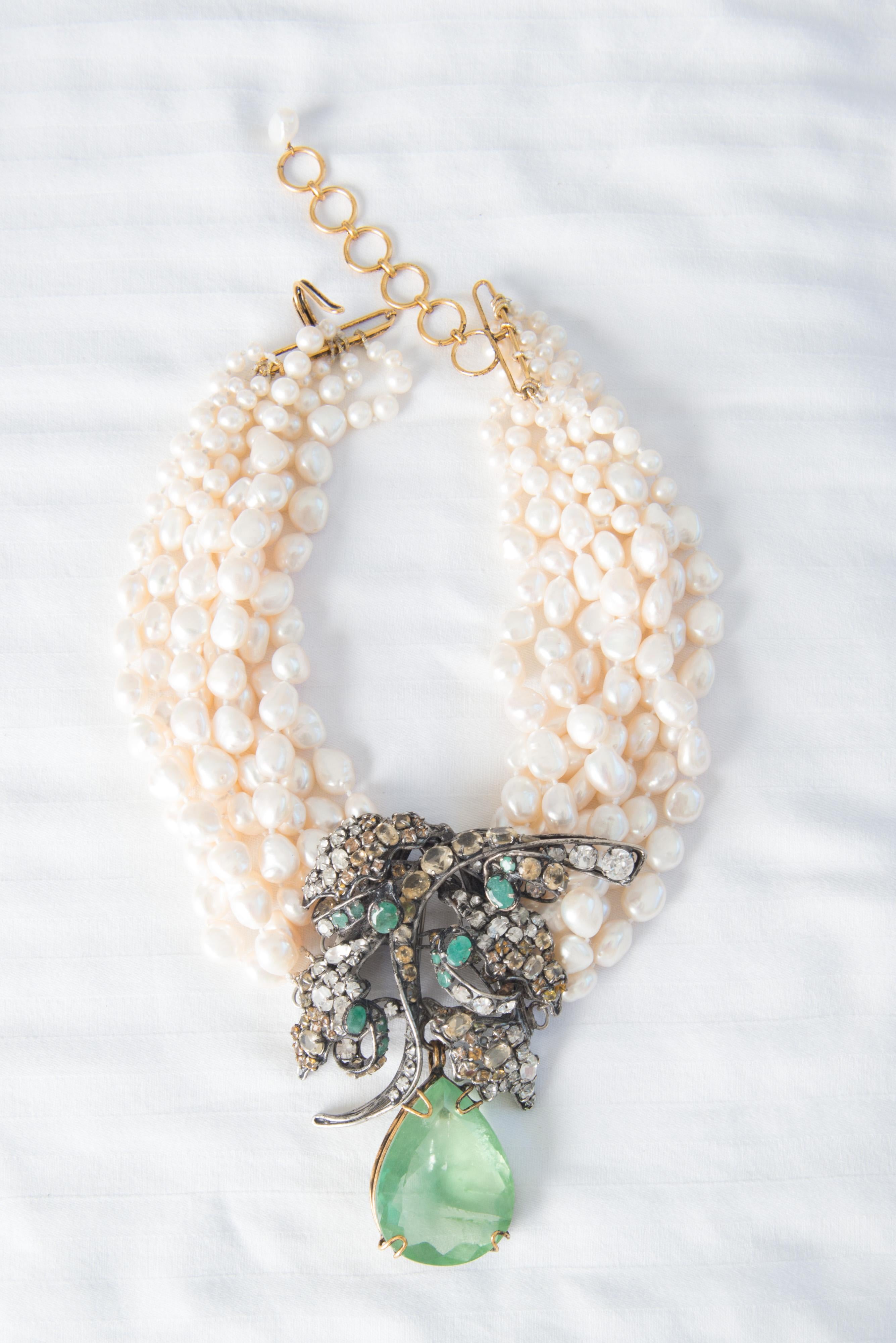 Artisan Iradj Moini Emerald tone Gemstone Pearl Necklace For Sale