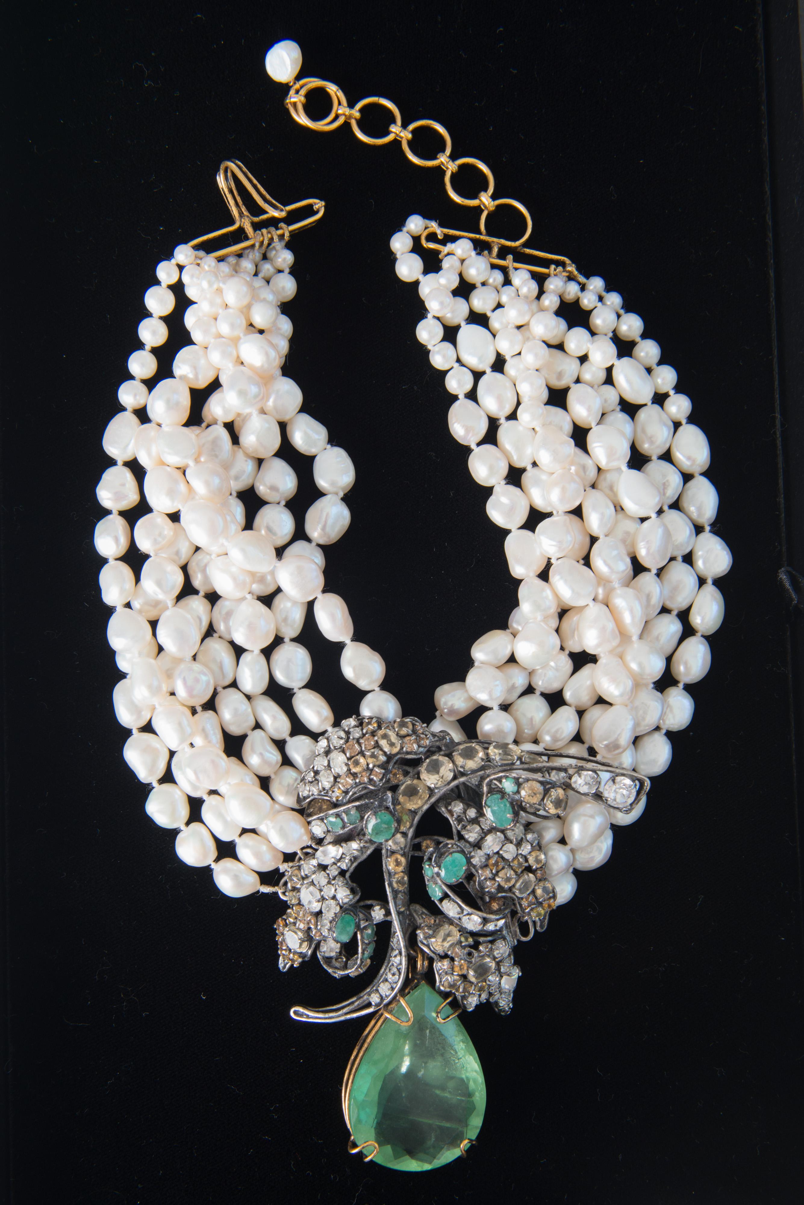 Pear Cut Iradj Moini Emerald tone Gemstone Pearl Necklace For Sale