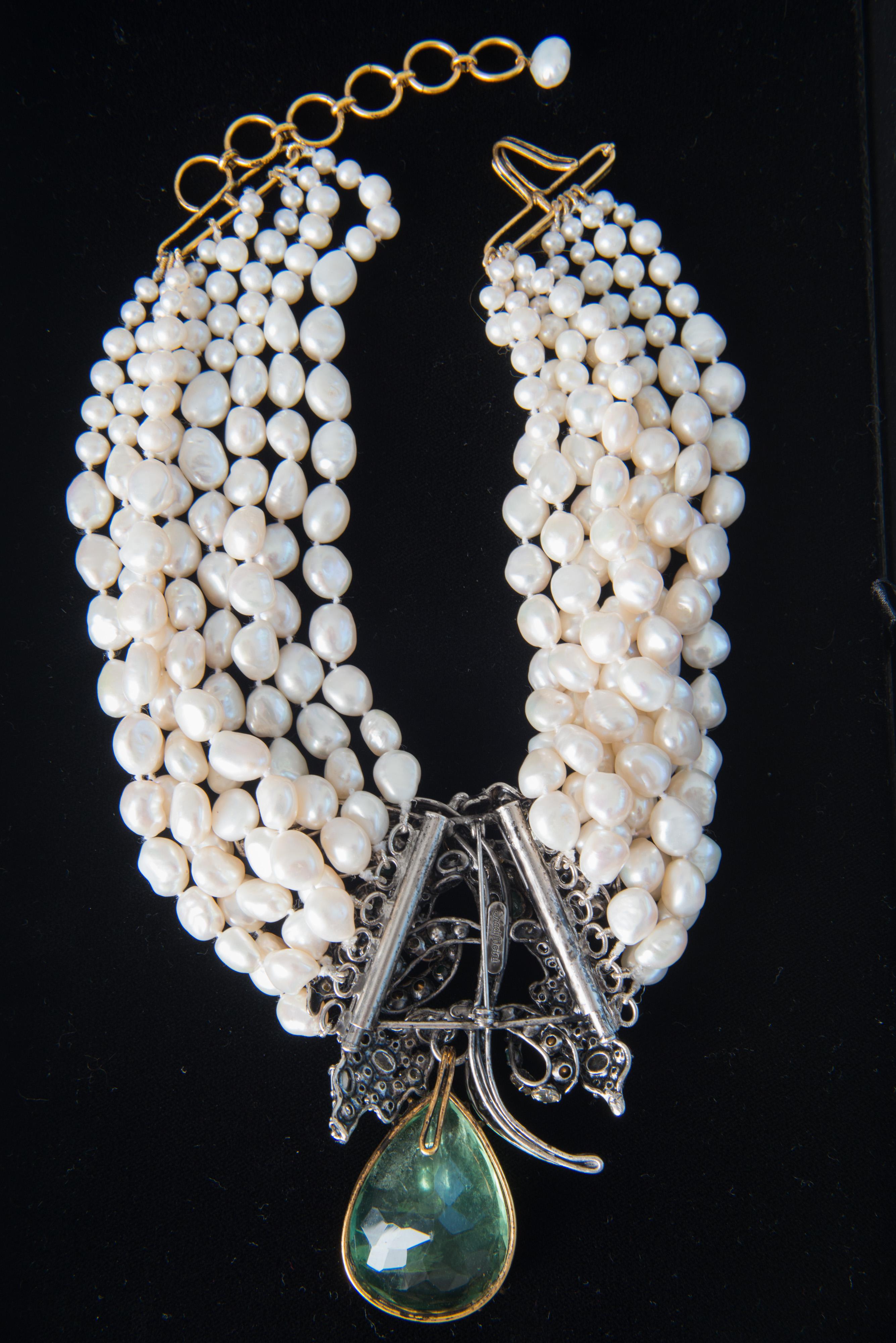 Iradj Moini Emerald tone Gemstone Pearl Necklace For Sale 1