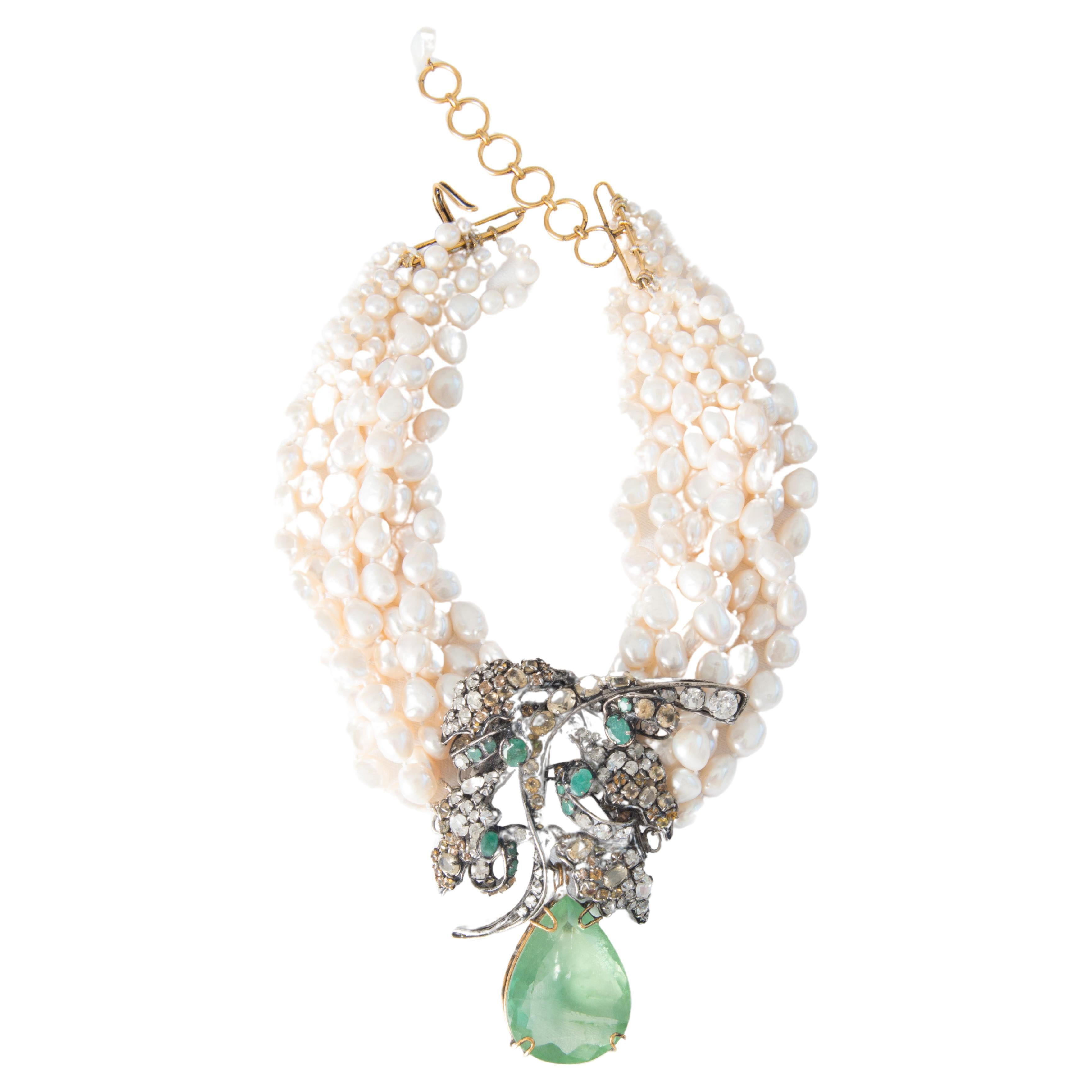 Iradj Moini Emerald tone Gemstone Pearl Necklace For Sale