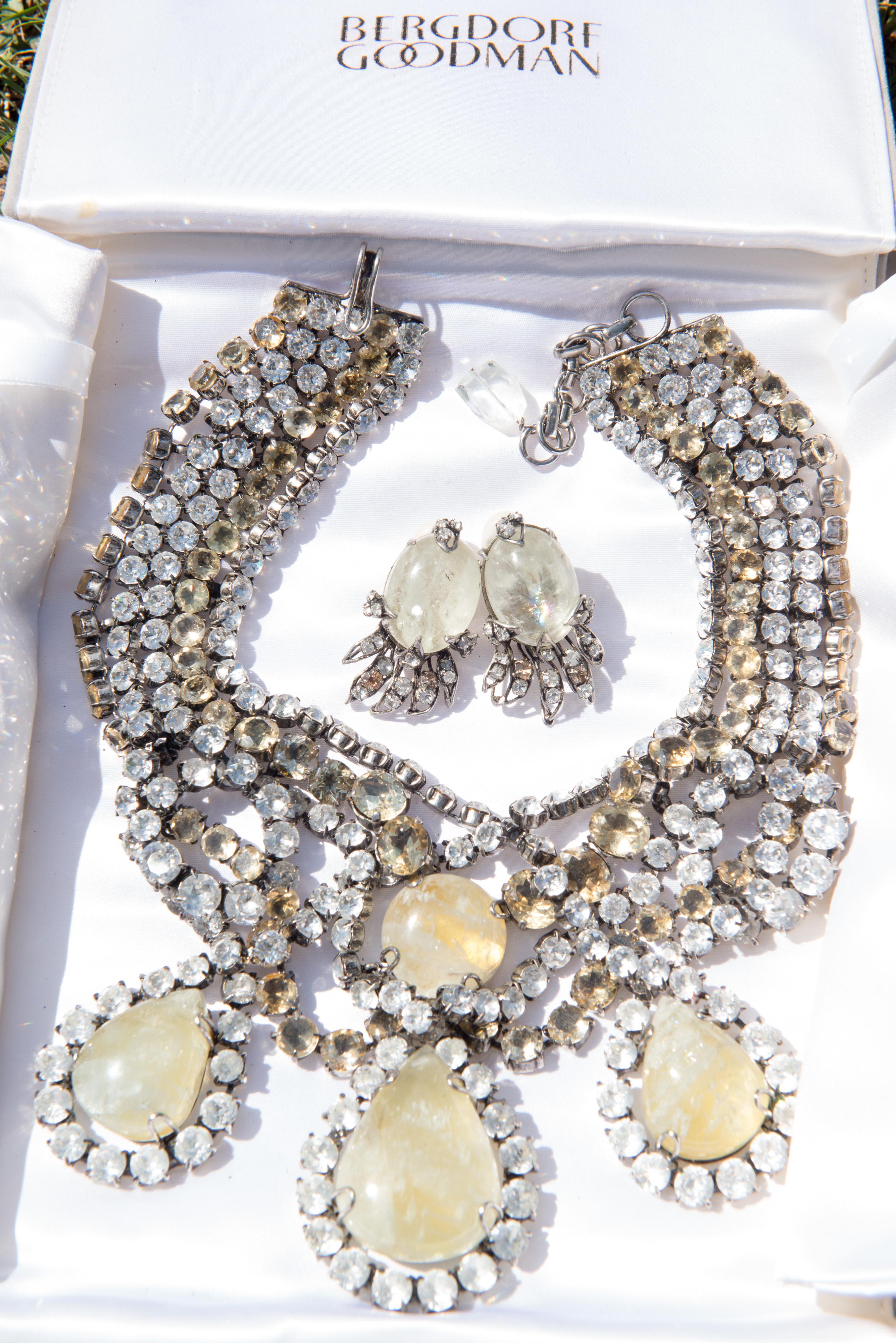 Iradj Moini six large pale yellow gemstones, Swarovsky rhinestones, topaz stones necklace and earrings. In original Bergdorf Goodman box. Earrings dimensions: 1.88