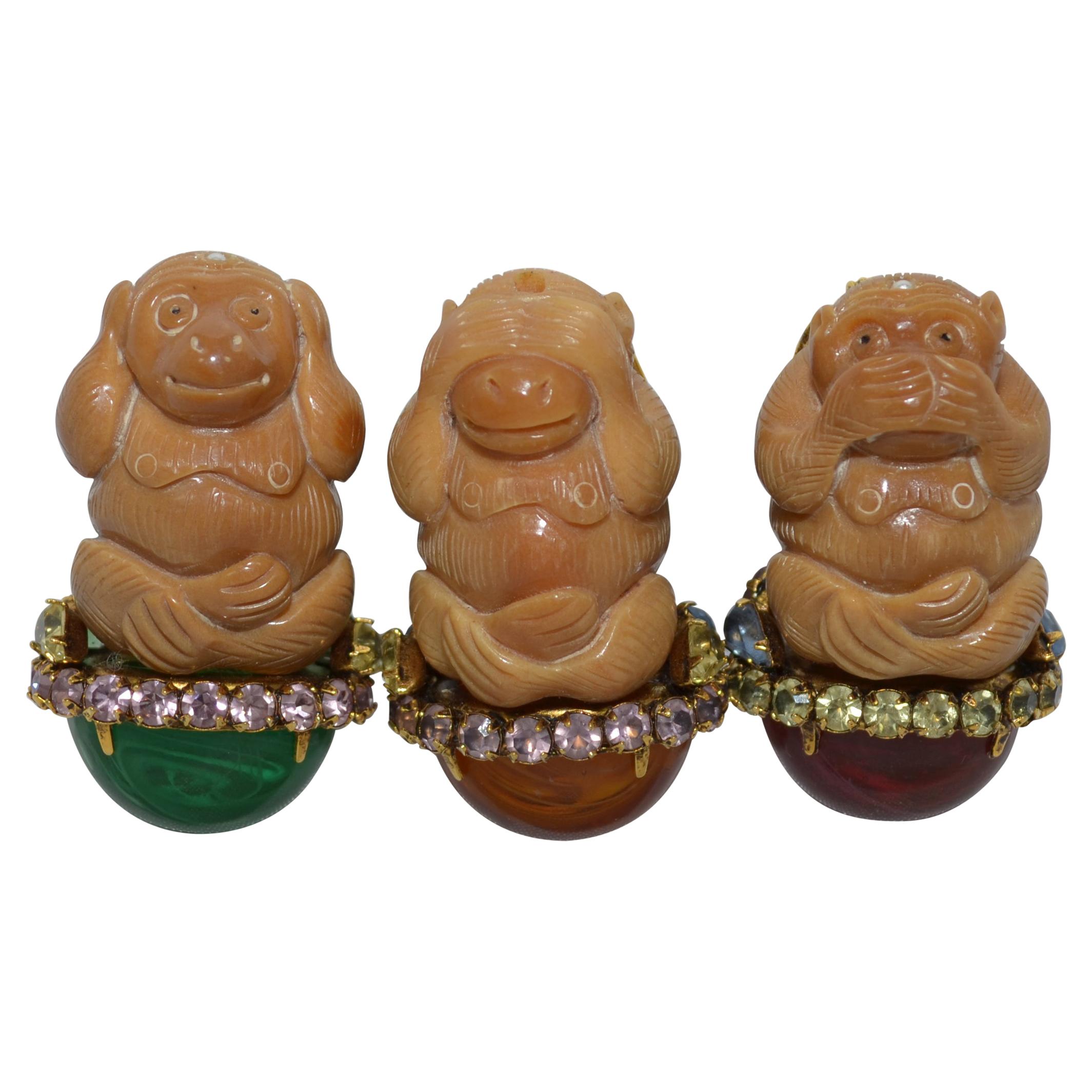 Iradj Moini Hear-No-Evil, See-No-Evil, Speak-No-Evil Monkey Brooch Set For Sale