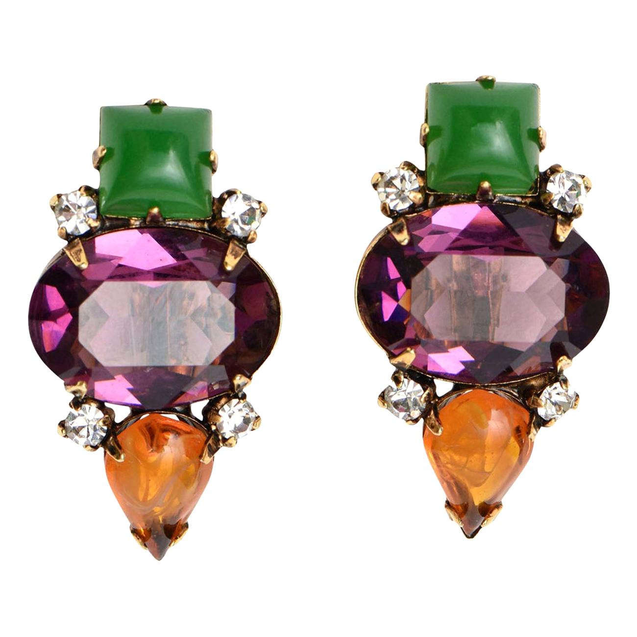 Iradj Moini Jewel Toned Rhinestone and Glass Clip On Earrings 