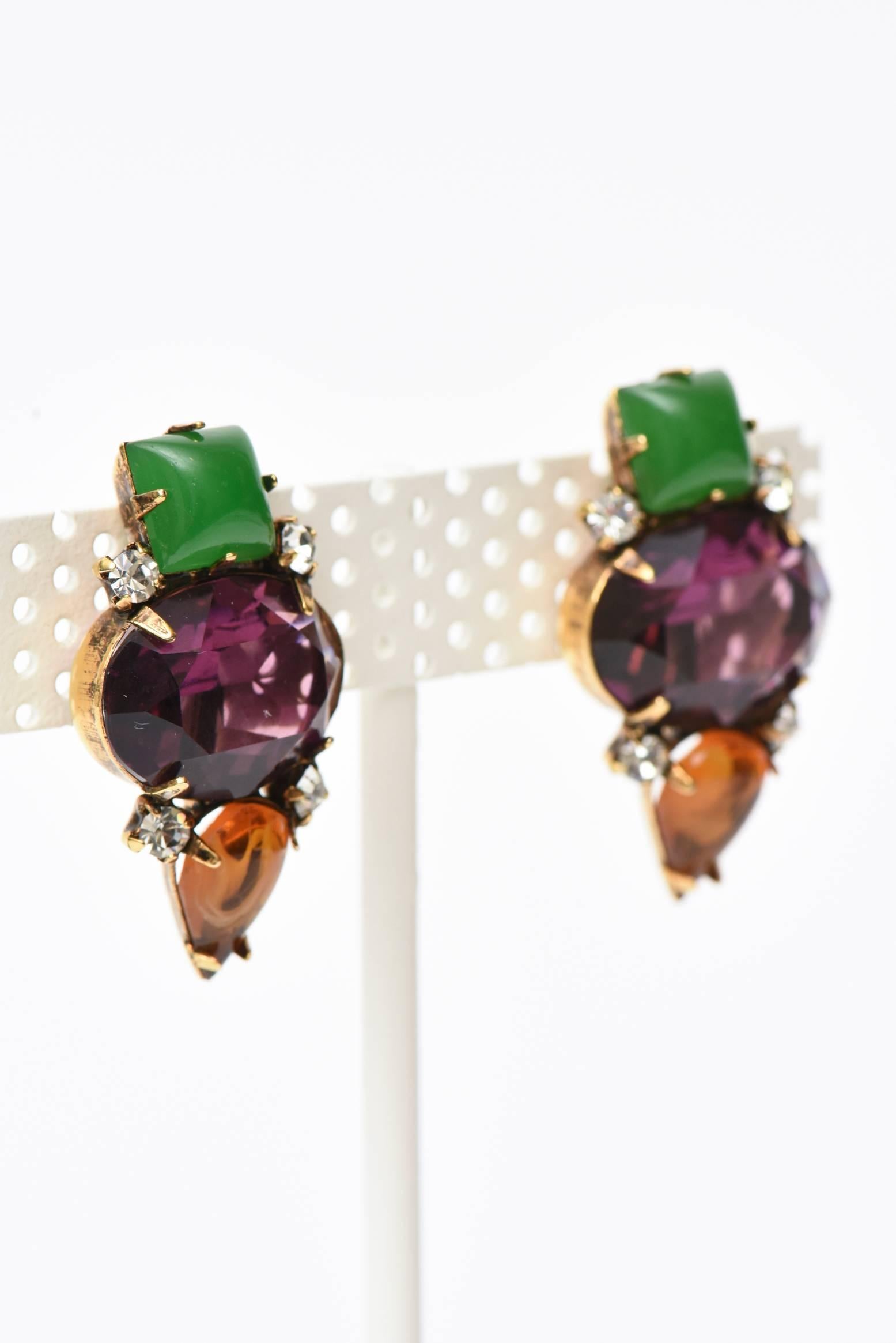 Modern Iradj Moini Jewel Toned Rhinestone and Glass Clip On Earrings 