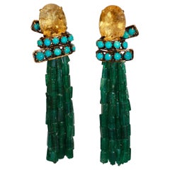 Iradj Moini Lemon Quartz, Turquoise, and Aventurine Tassel Clip Earrings