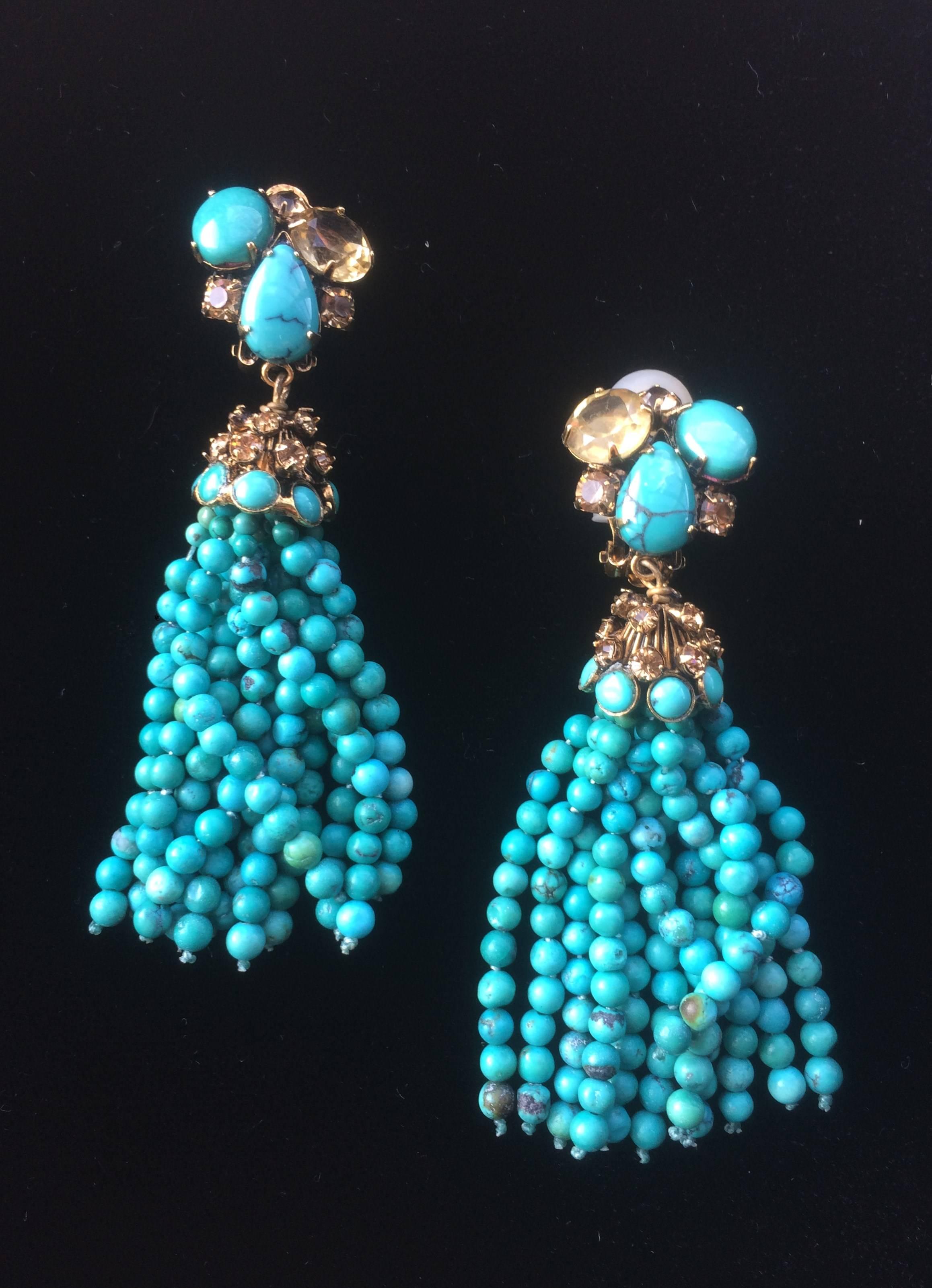 Iradj Moini long turquoise and citrine tassel earrings, 1990s/2000. In Excellent Condition In Greyabbey, County Down