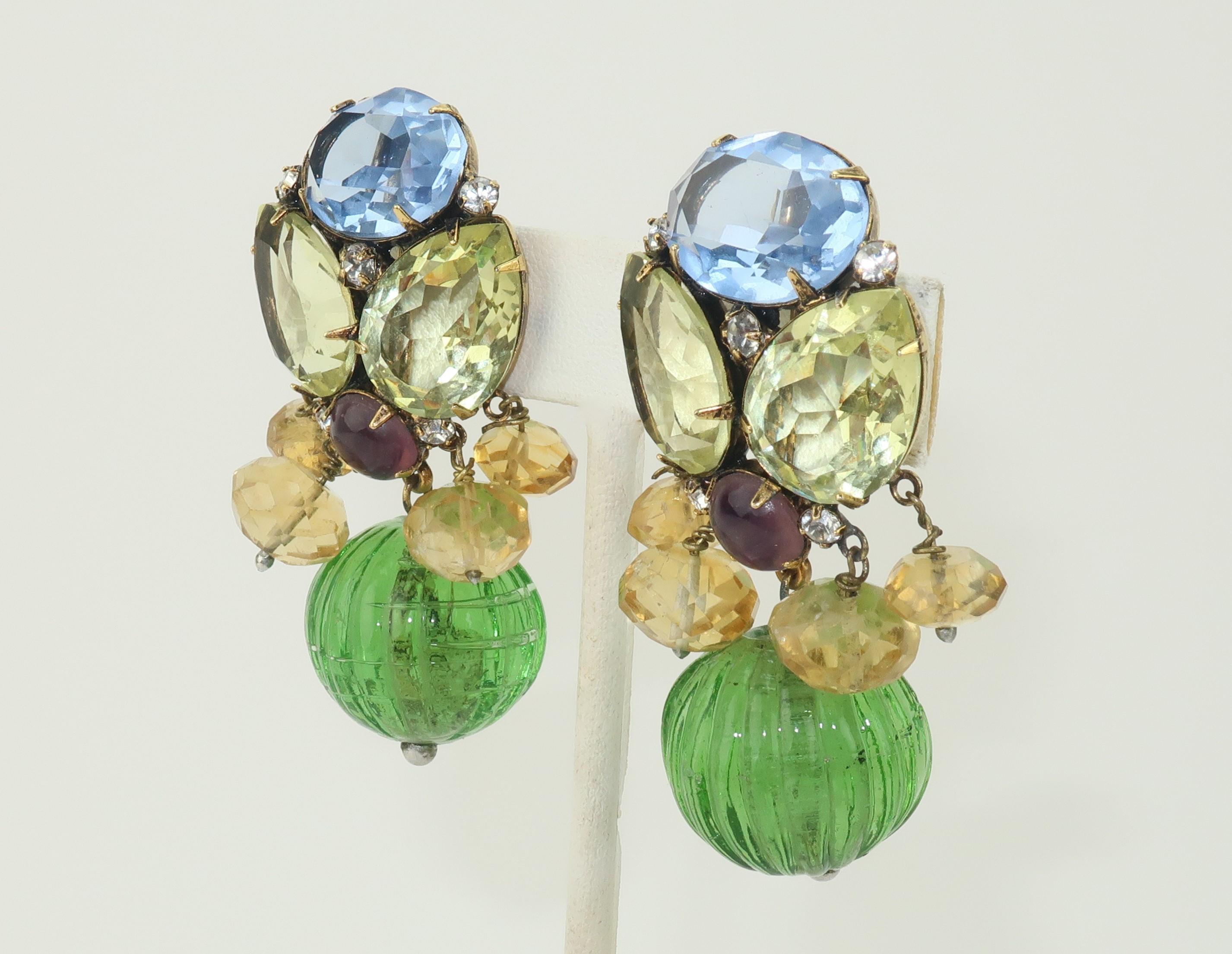 Artisan Iradj Moini Multi Color Semi Precious Clip On Dangle Earrings