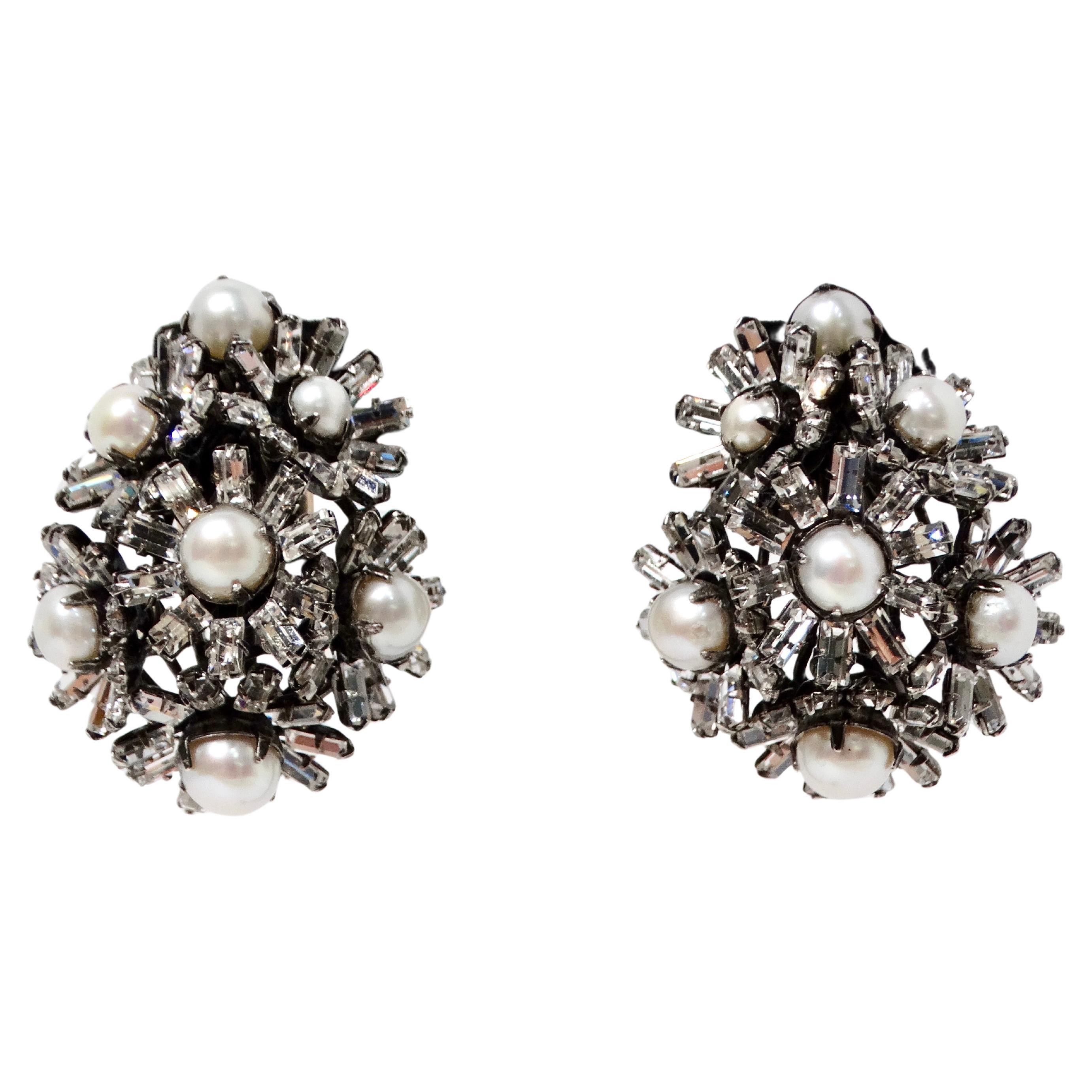 Iradj Moini Multi Flower Pearl & Swarovski Crystal Clip-On Earrings For Sale