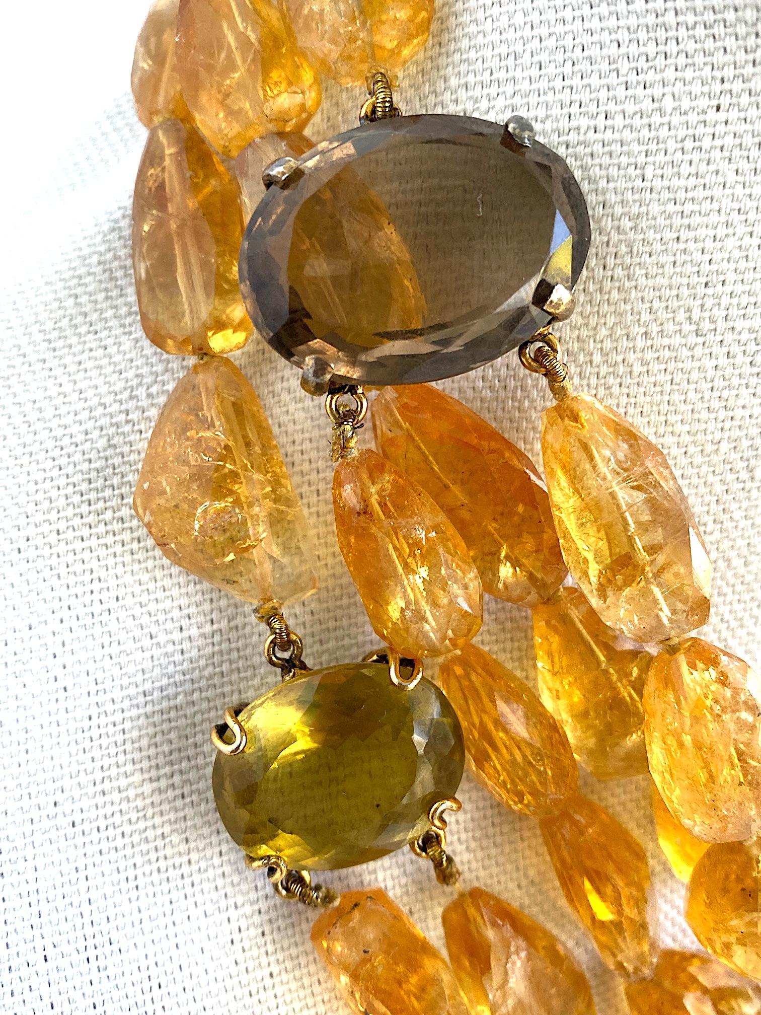 Mixed Cut Iradj Moini Natural Golden Citrine, Smokey Topaz & Quartz Mulit Strand Necklace For Sale