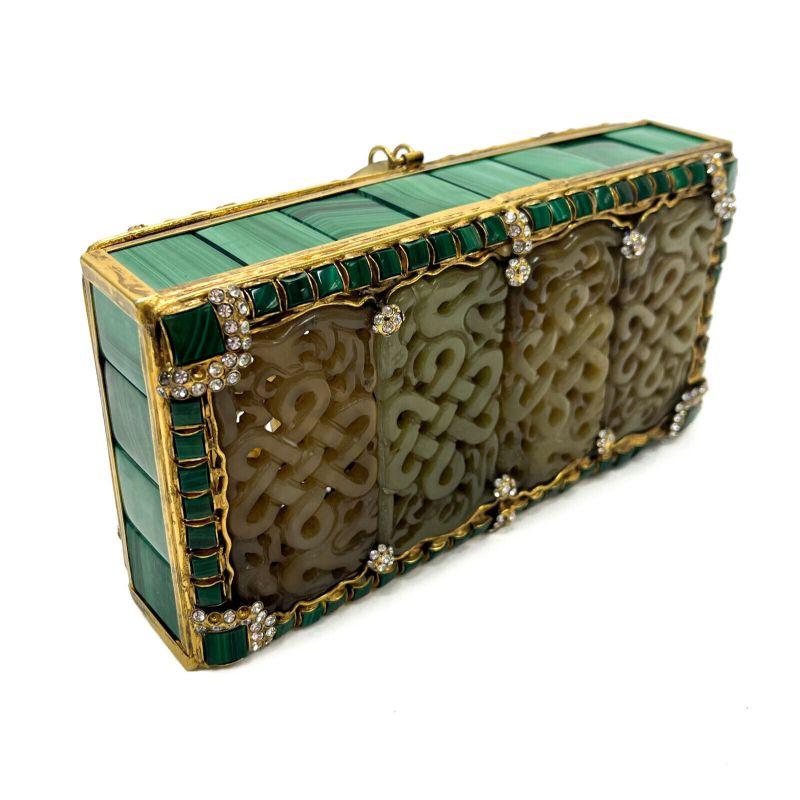 Chinoiserie Iradj Moini Oriental Statement Clutch, Malachite Carved Jade and Faux Diamonds For Sale