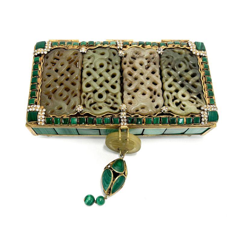 Iradj Moini Oriental Statement Clutch, Malachite Carved Jade and Faux Diamonds In Good Condition For Sale In Gardena, CA