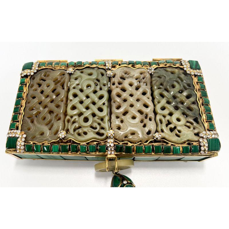 20th Century Iradj Moini Oriental Statement Clutch, Malachite Carved Jade and Faux Diamonds For Sale
