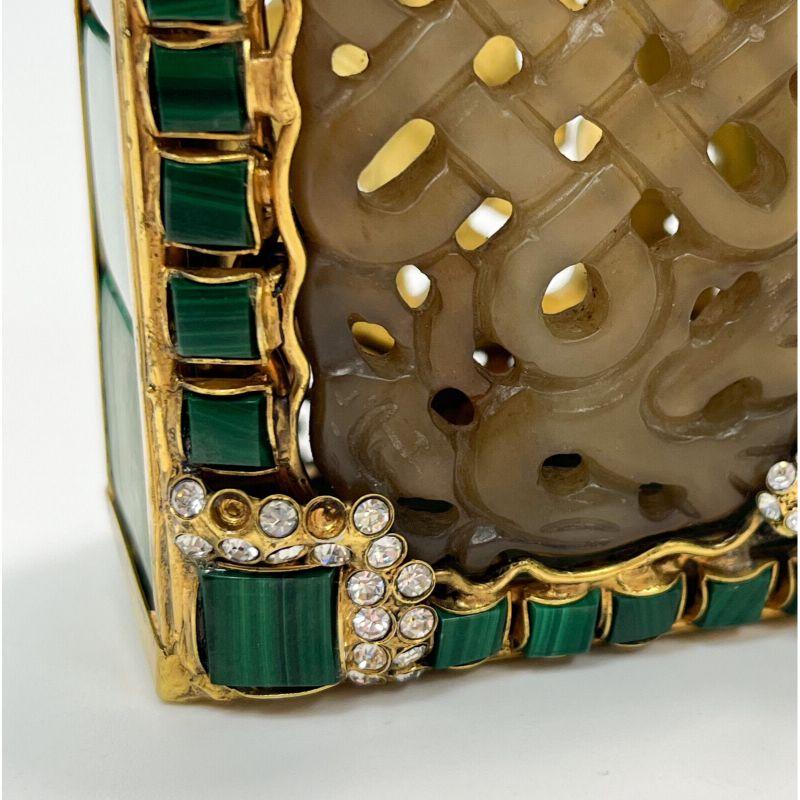 Iradj Moini Oriental Statement Clutch, Malachite Carved Jade and Faux Diamonds For Sale 4