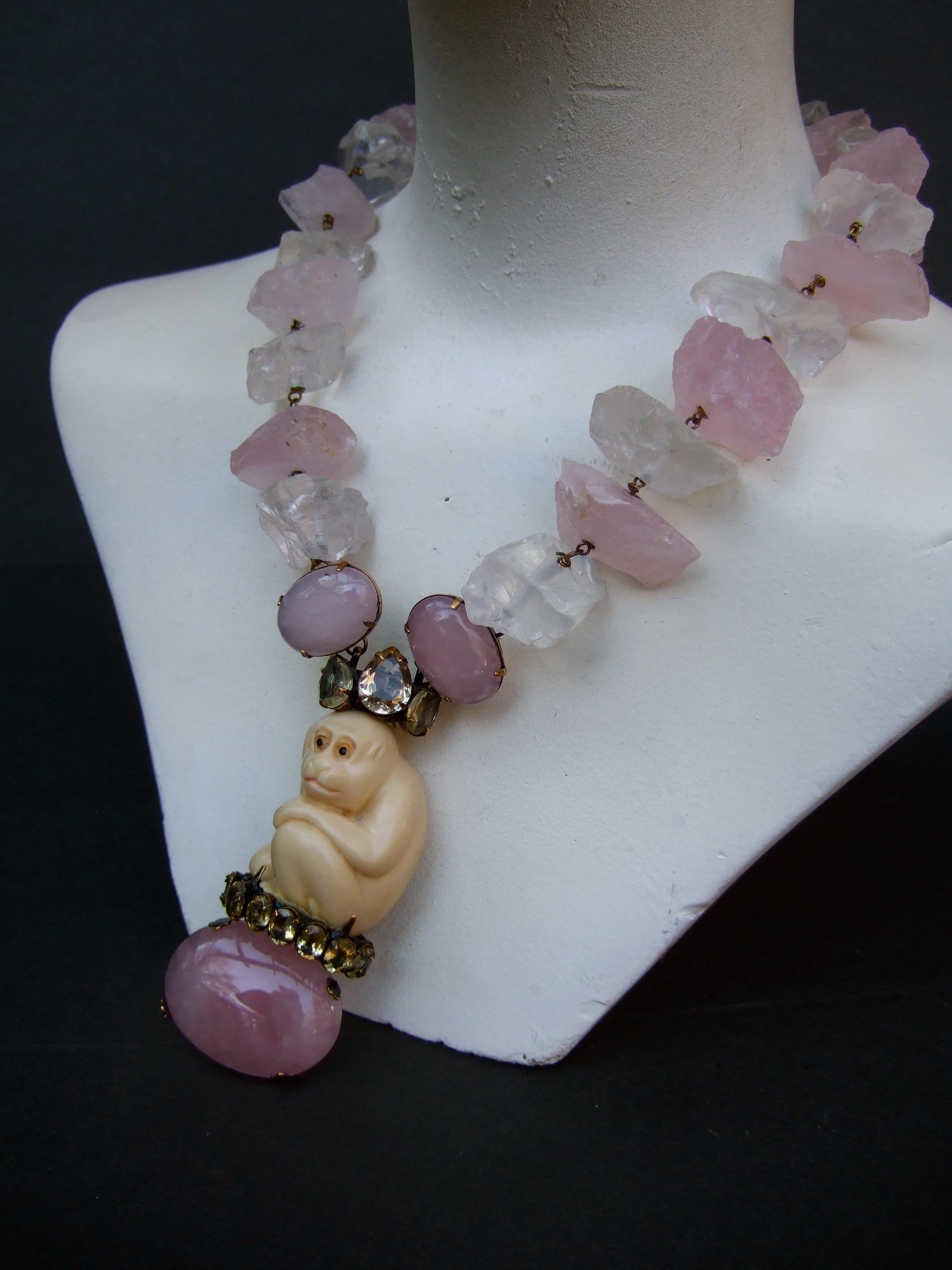 Iradj Moini Pink Quartz Semi Precious Carved Antler Monkey Necklace & Earrings  For Sale 4