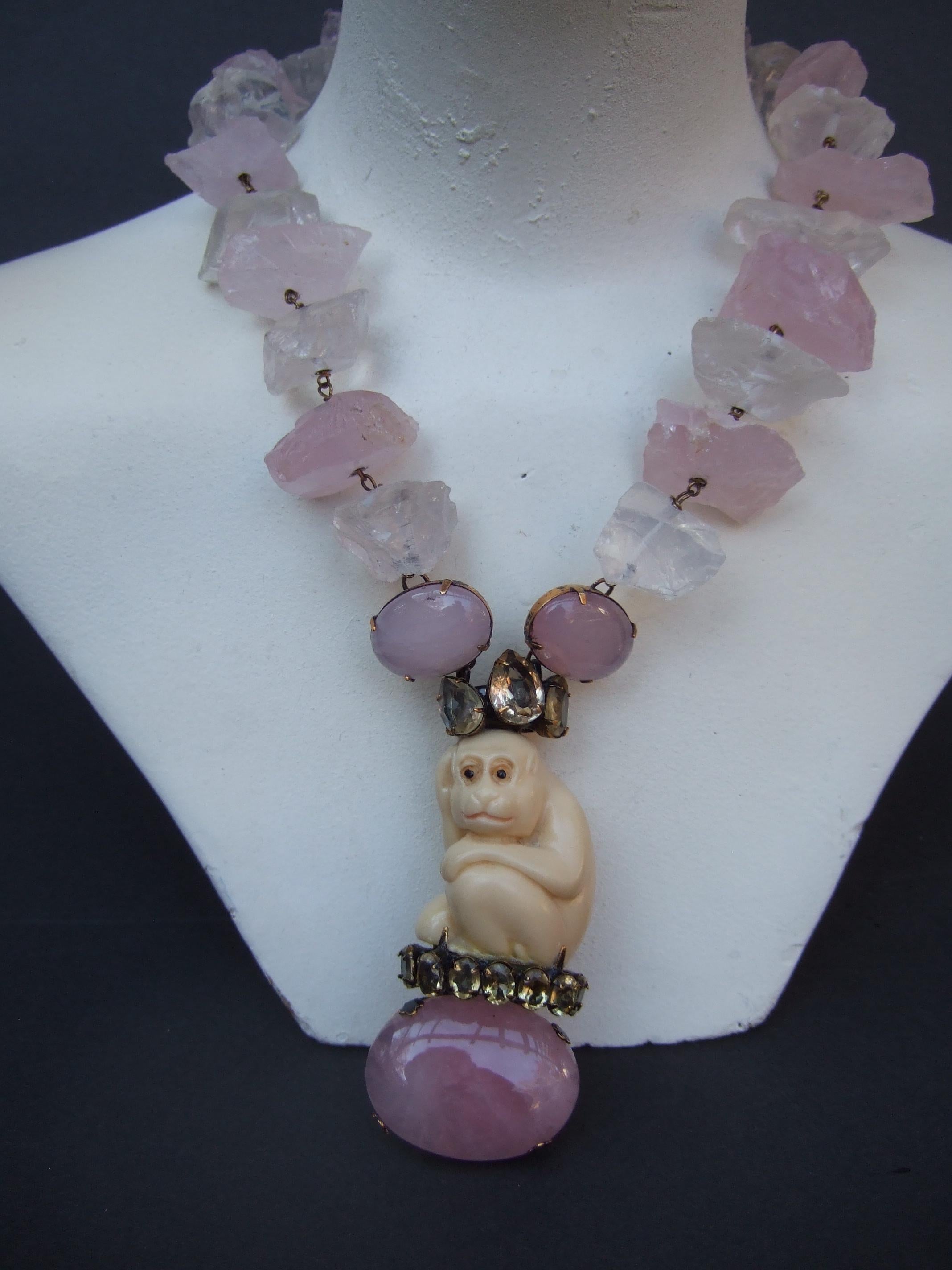 Iradj Moini Pink Quartz Semi Precious Carved Antler Monkey Necklace & Earrings  For Sale 6