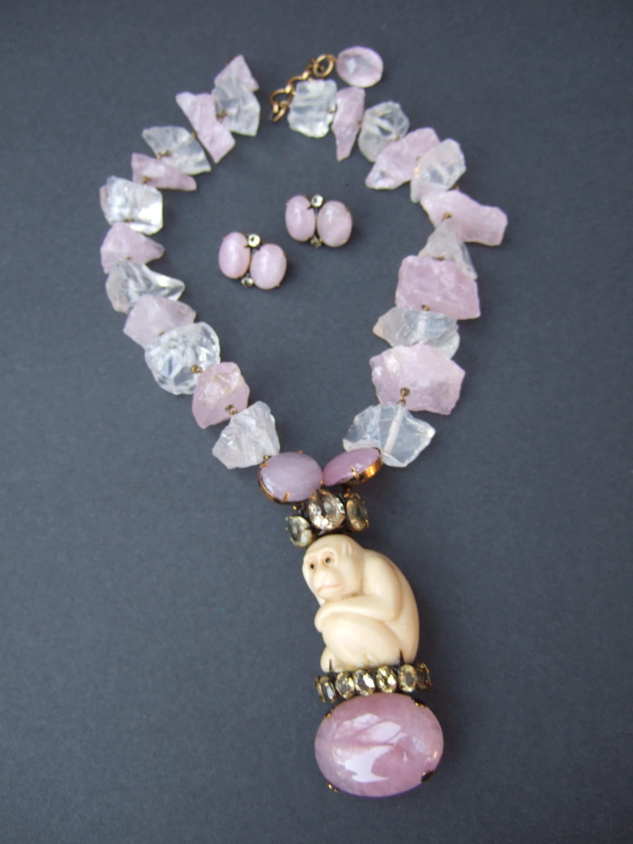 Iradj Moini Pink Quartz Semi Precious Carved Antler Monkey Necklace & Earrings  For Sale 7
