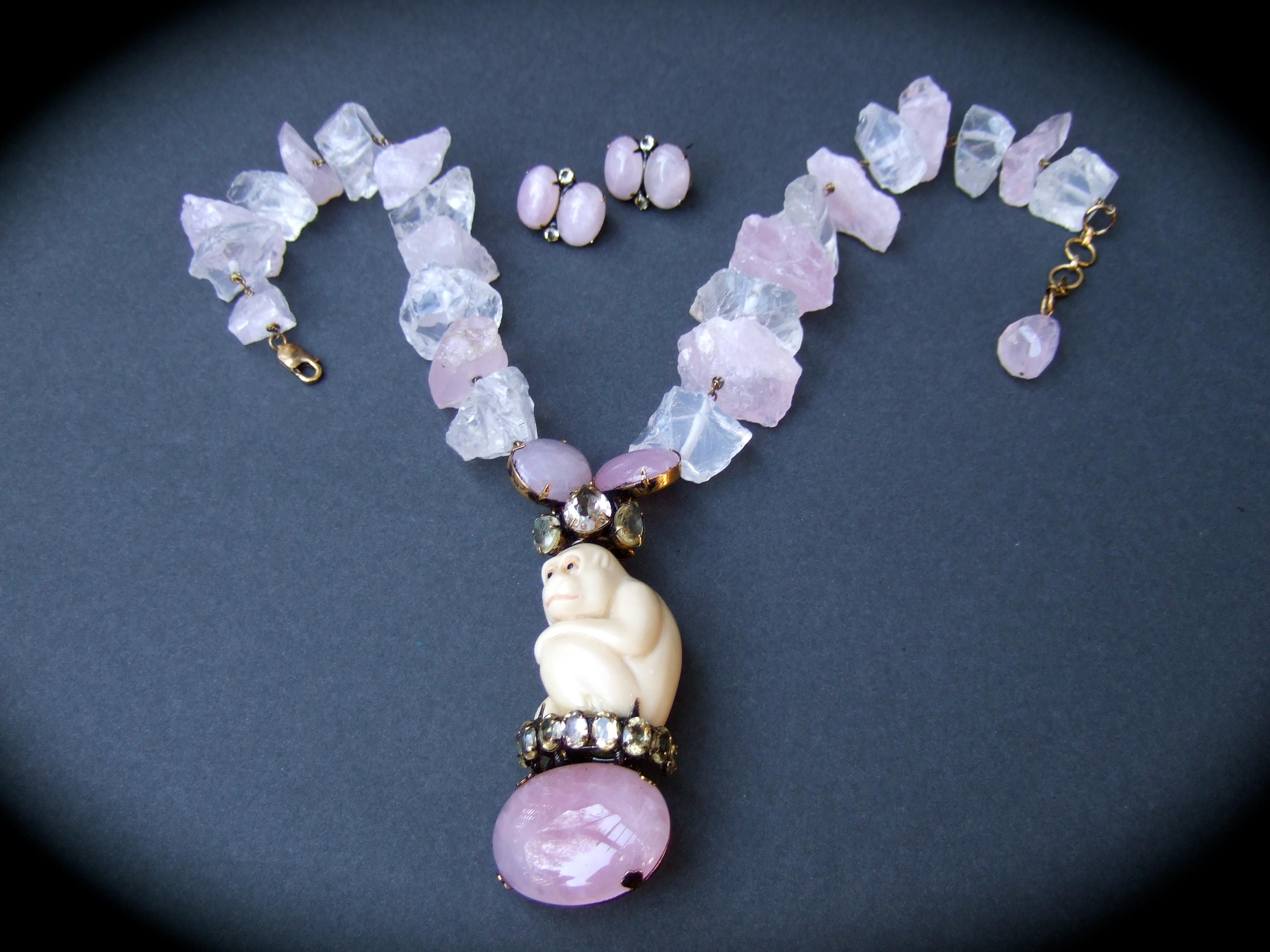 Iradj Moini Pink Quartz Semi Precious Carved Antler Monkey Necklace & Earrings  For Sale 10