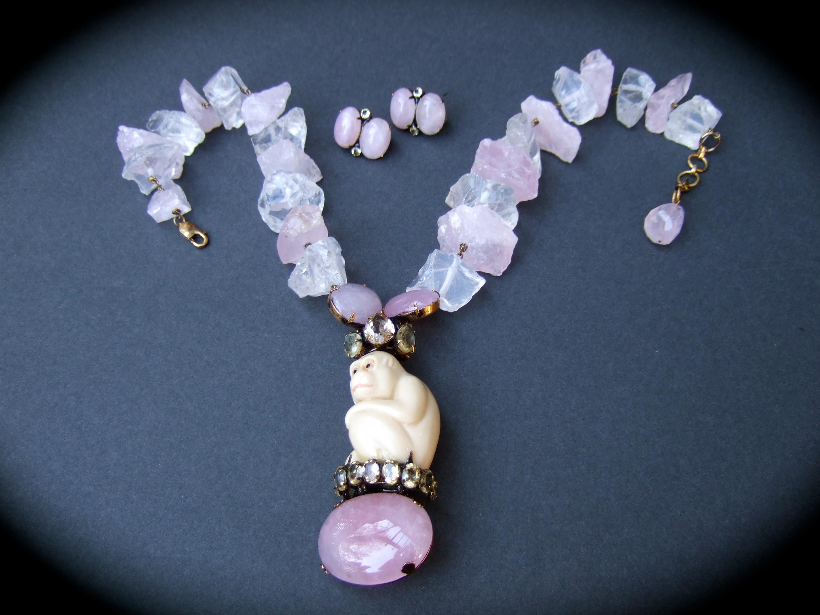 Iradj Moini Pink Quartz Semi Precious Carved Antler Monkey Necklace & Earrings For Sale 9