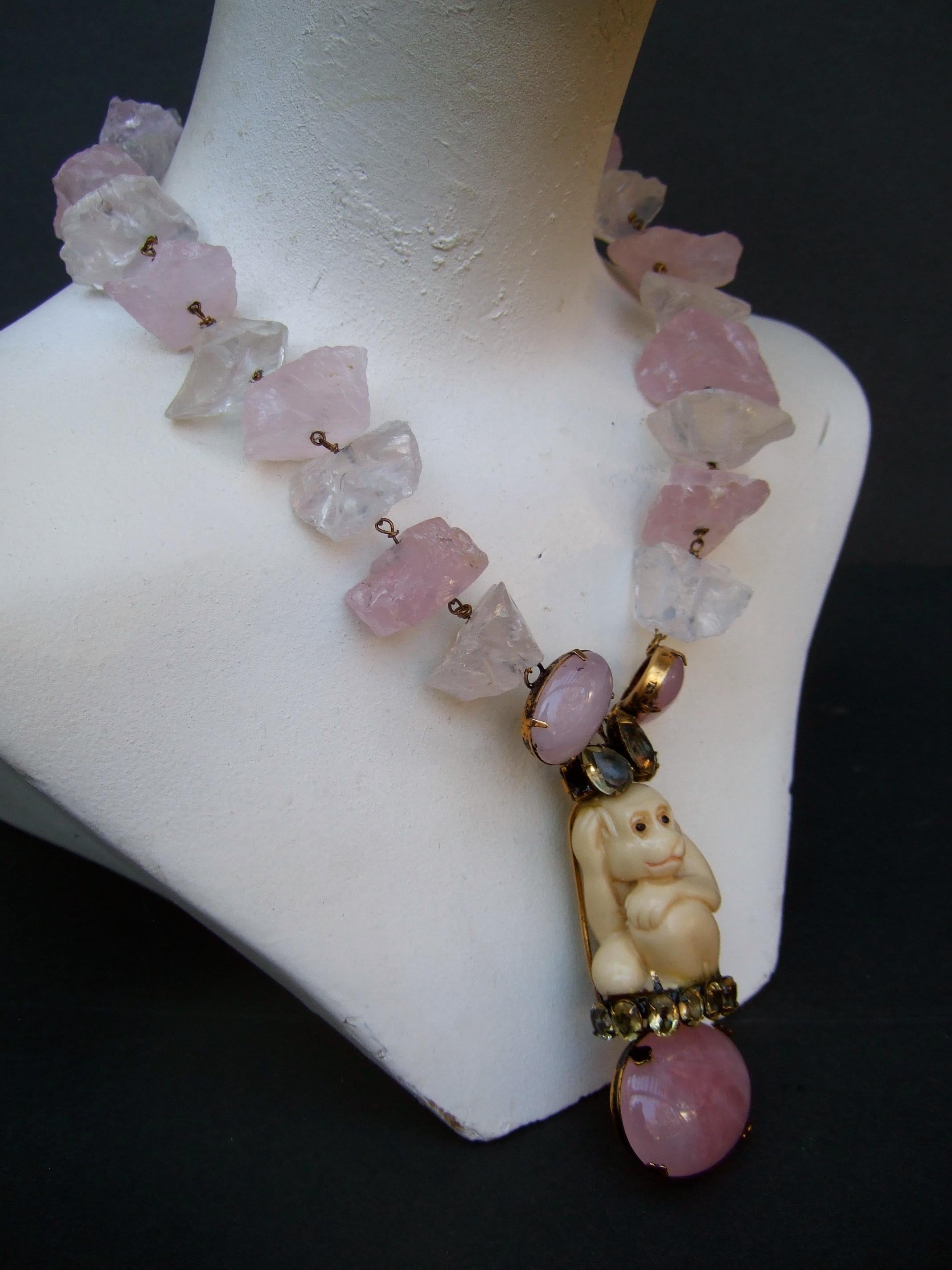 Iradj Moini Pink Quartz Semi Precious Carved Antler Monkey Necklace & Earrings  For Sale 11