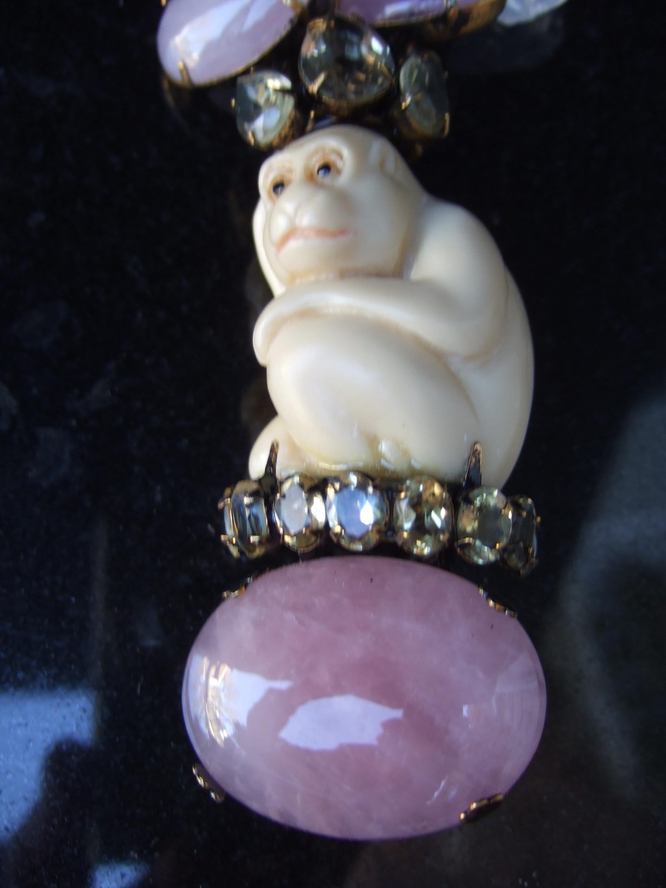 Iradj Moini Pink Quartz Semi Precious Carved Antler Monkey Necklace & Earrings  For Sale 14
