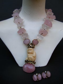 Iradj Moini Pink Quartz Semi Precious Carved Antler Monkey Necklace & Earrings