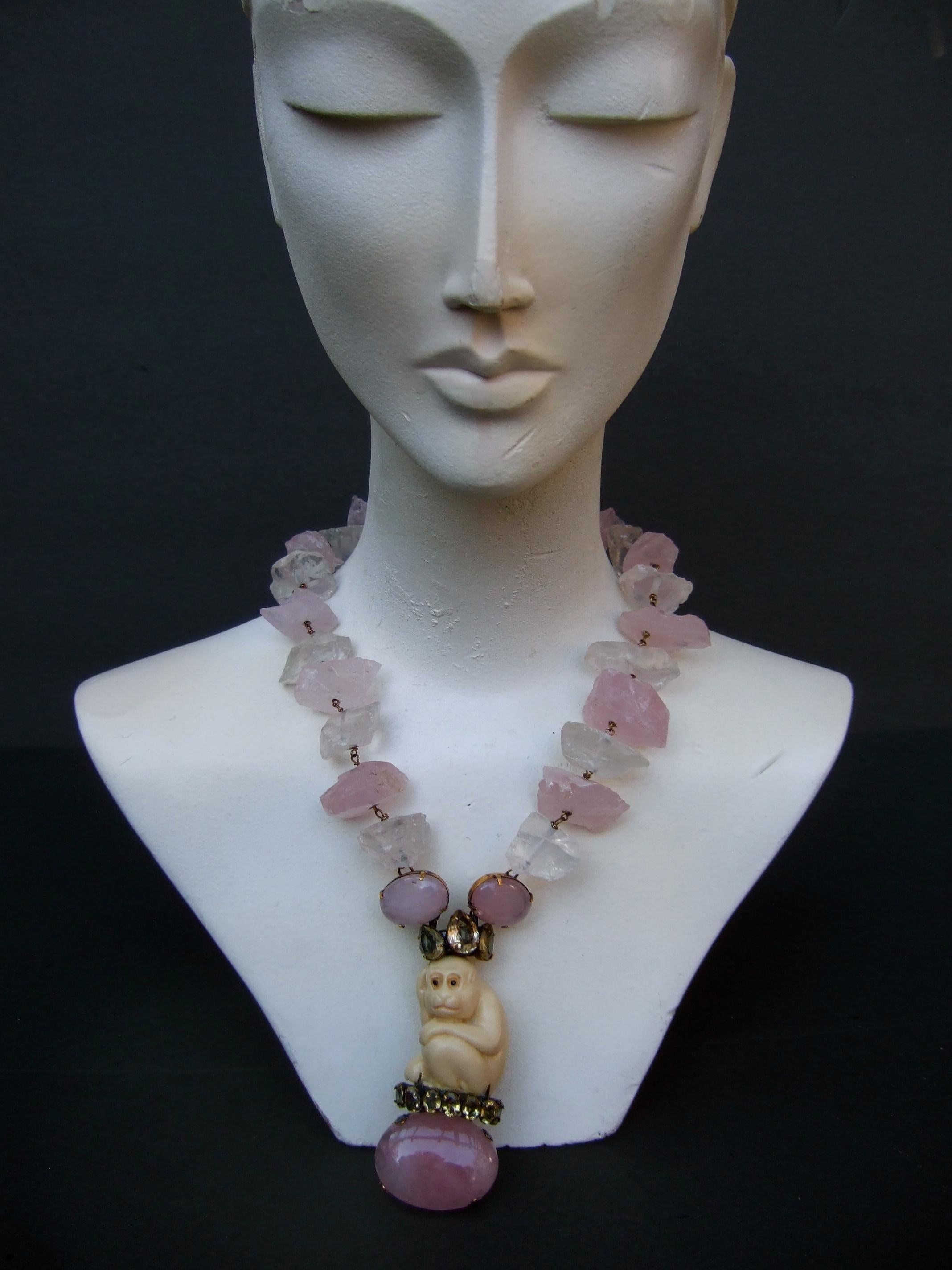 Artisan Iradj Moini Pink Quartz Semi Precious Carved Antler Monkey Necklace & Earrings  For Sale