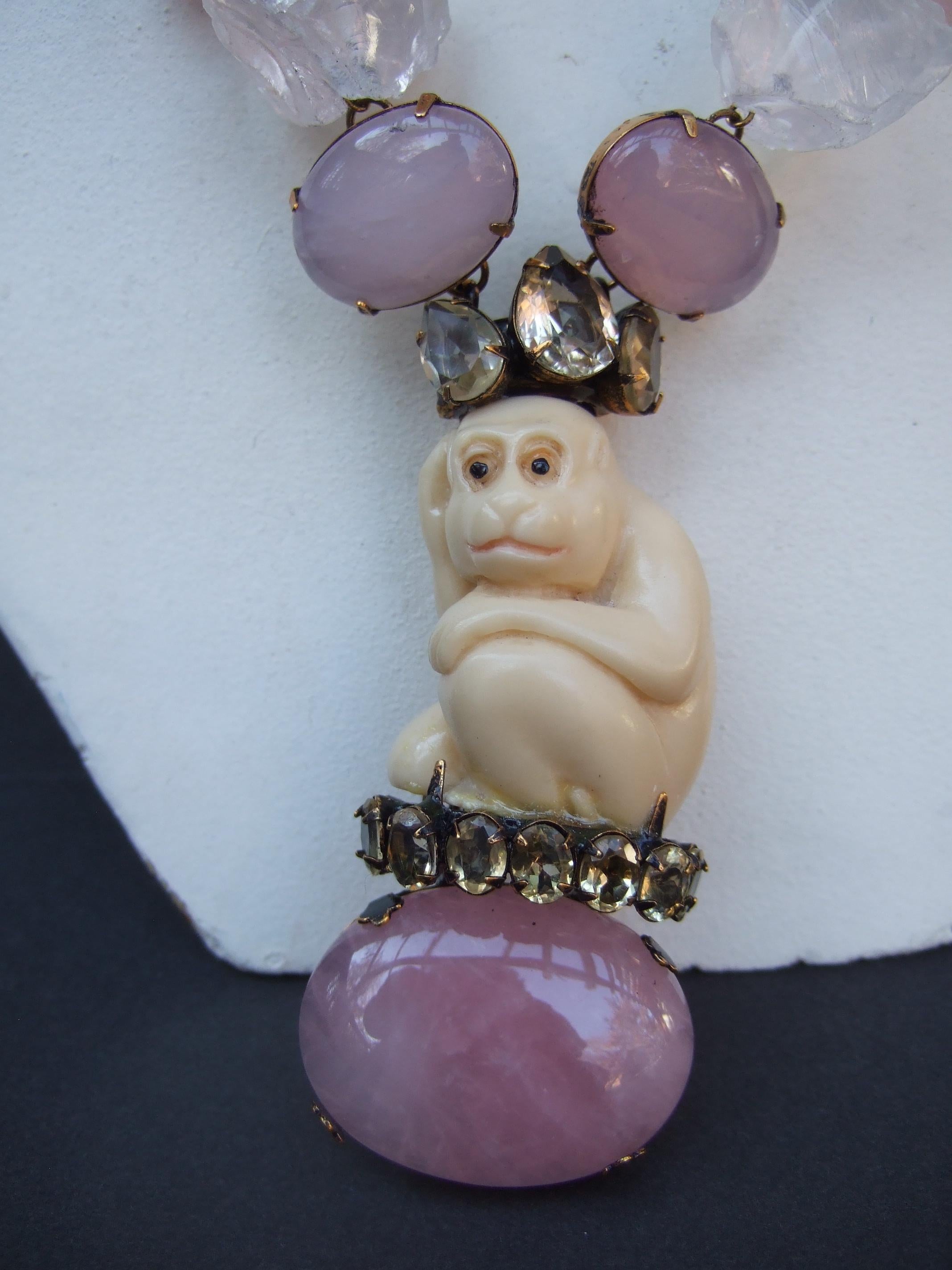 Iradj Moini Pink Quartz Semi Precious Carved Antler Monkey Necklace & Earrings  In Good Condition For Sale In University City, MO
