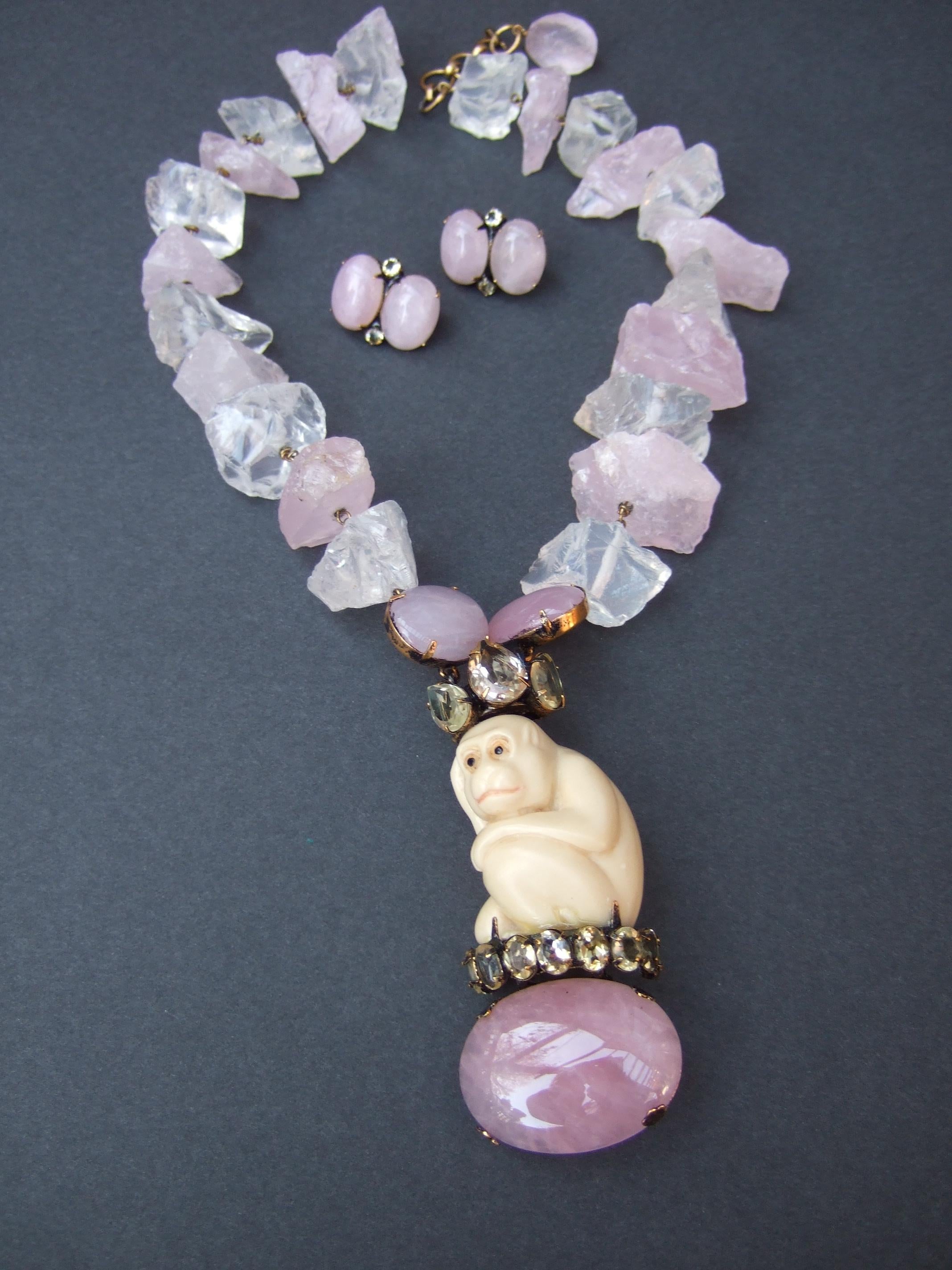 Women's Iradj Moini Pink Quartz Semi Precious Carved Antler Monkey Necklace & Earrings  For Sale