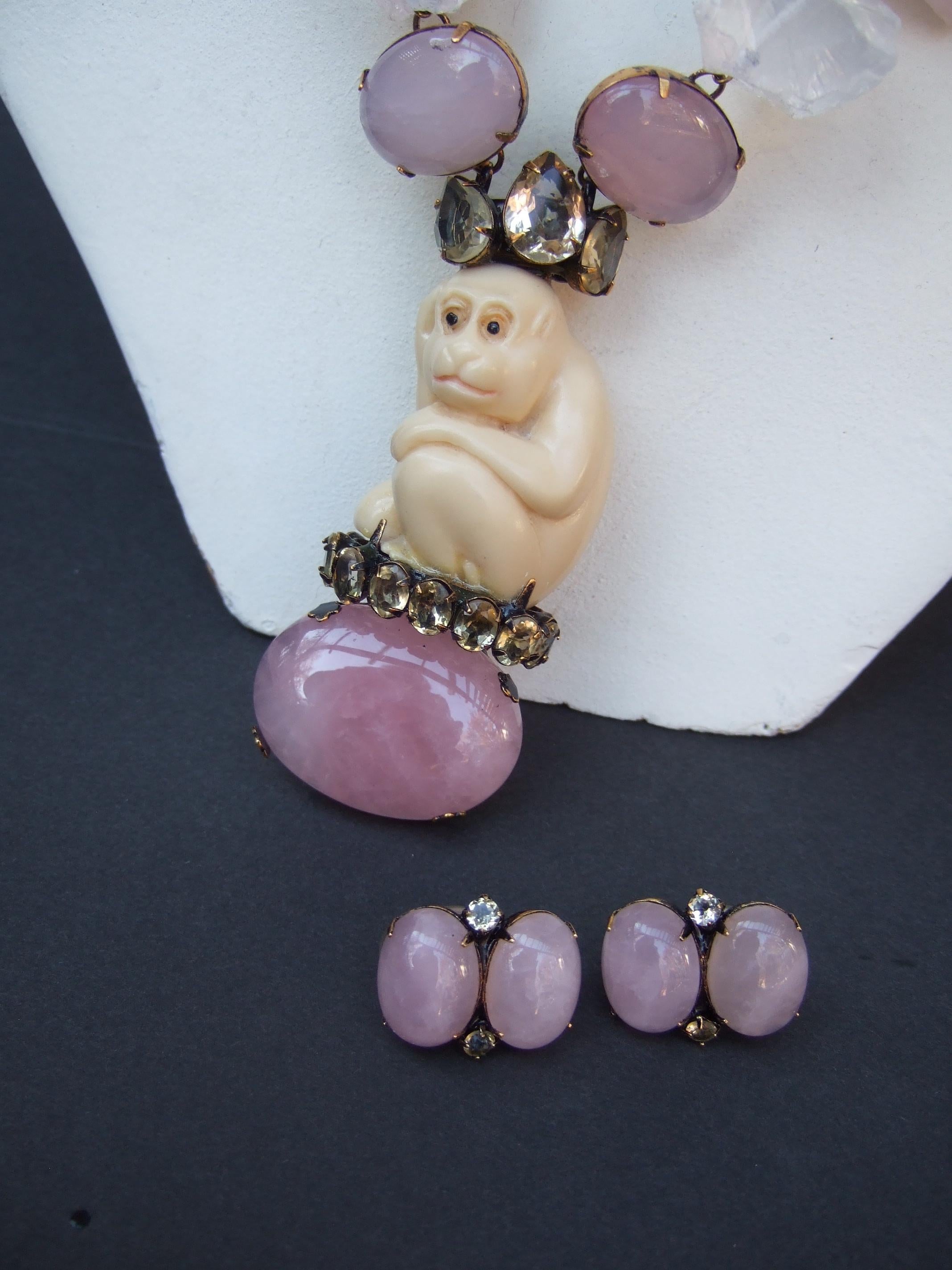 Iradj Moini Pink Quartz Semi Precious Carved Antler Monkey Necklace & Earrings  For Sale 1
