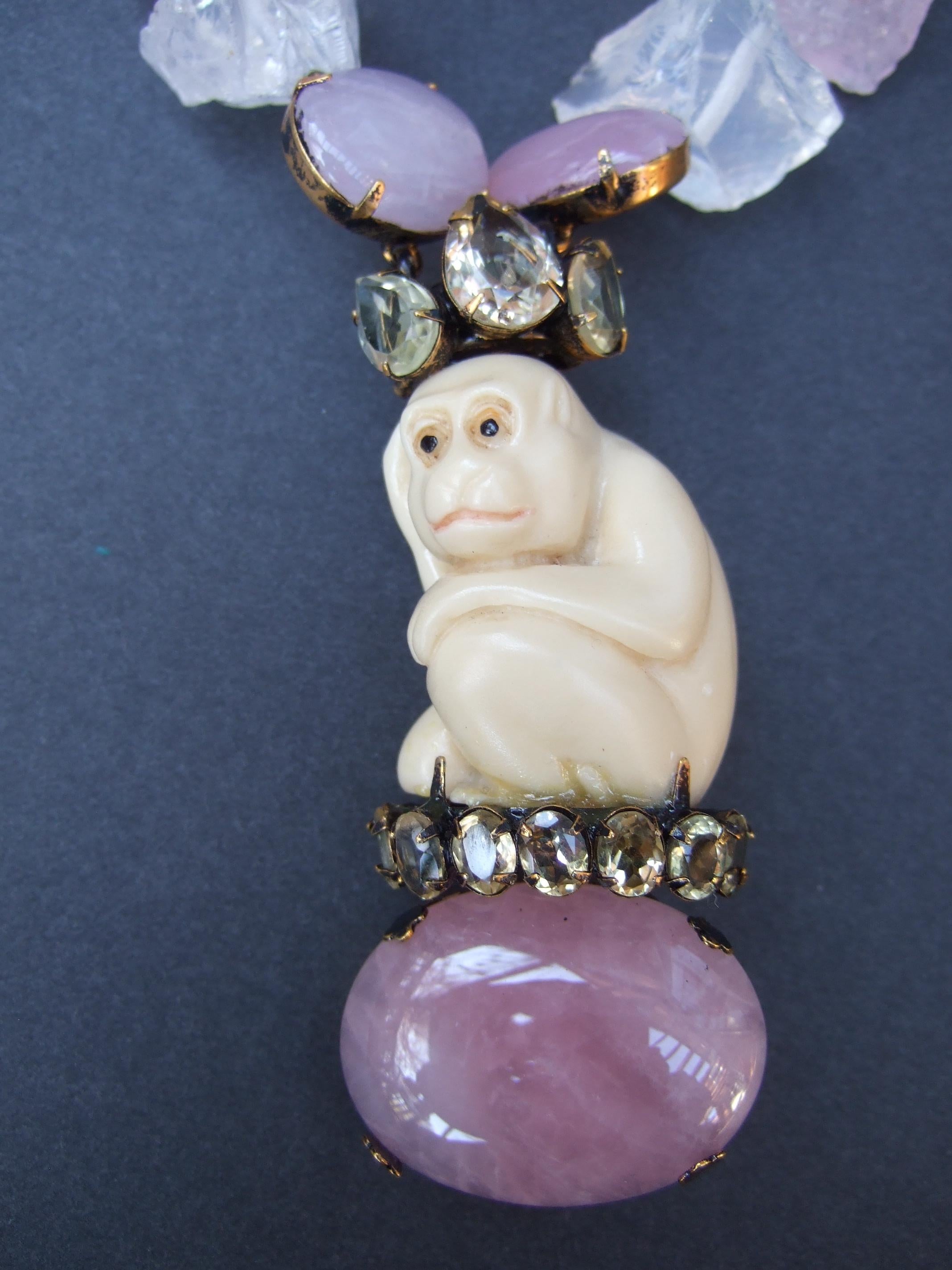 Iradj Moini Pink Quartz Semi Precious Carved Antler Monkey Necklace & Earrings  For Sale 2