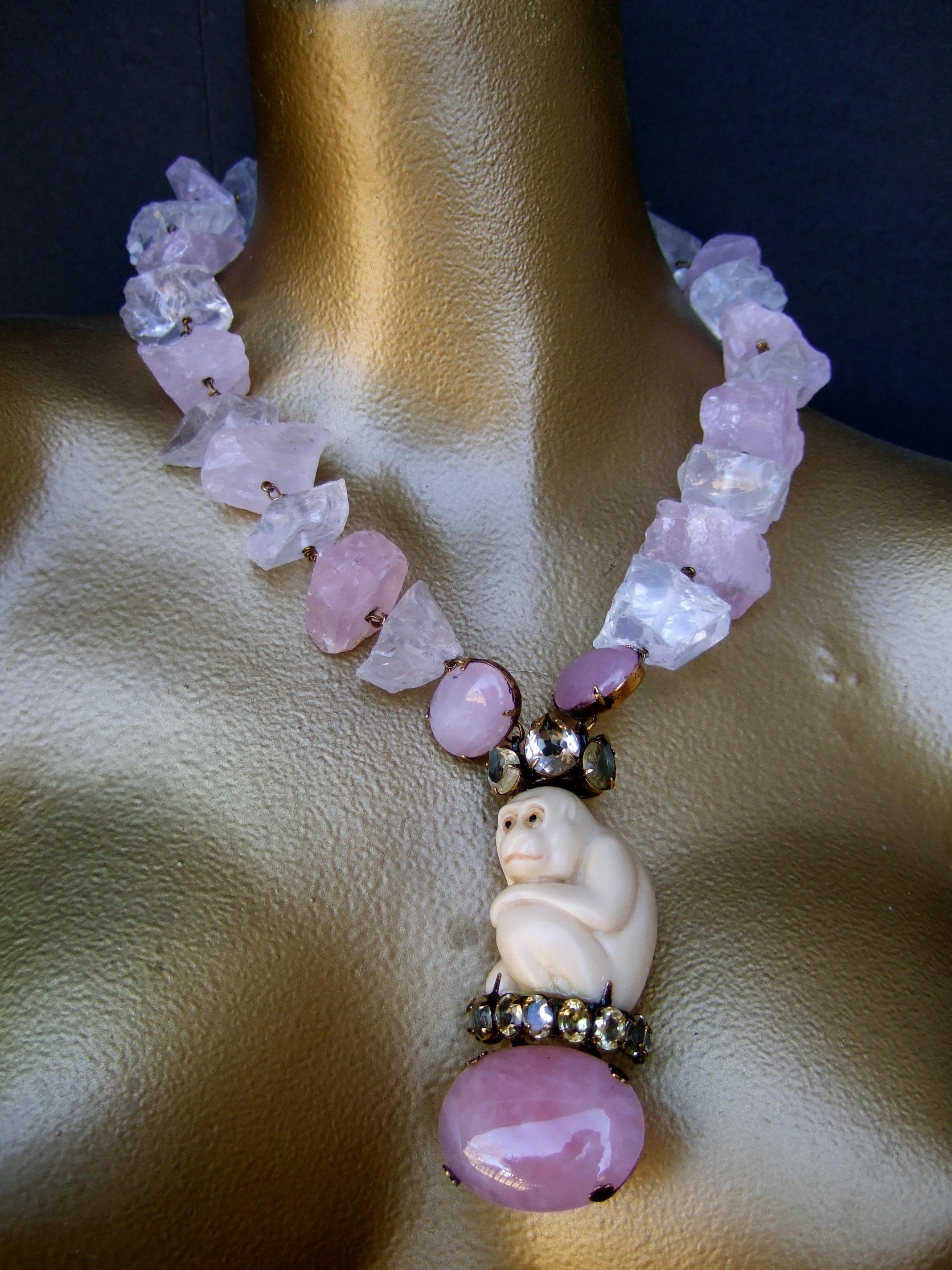 Iradj Moini Pink Quartz Semi Precious Carved Antler Monkey Necklace & Earrings  For Sale 3