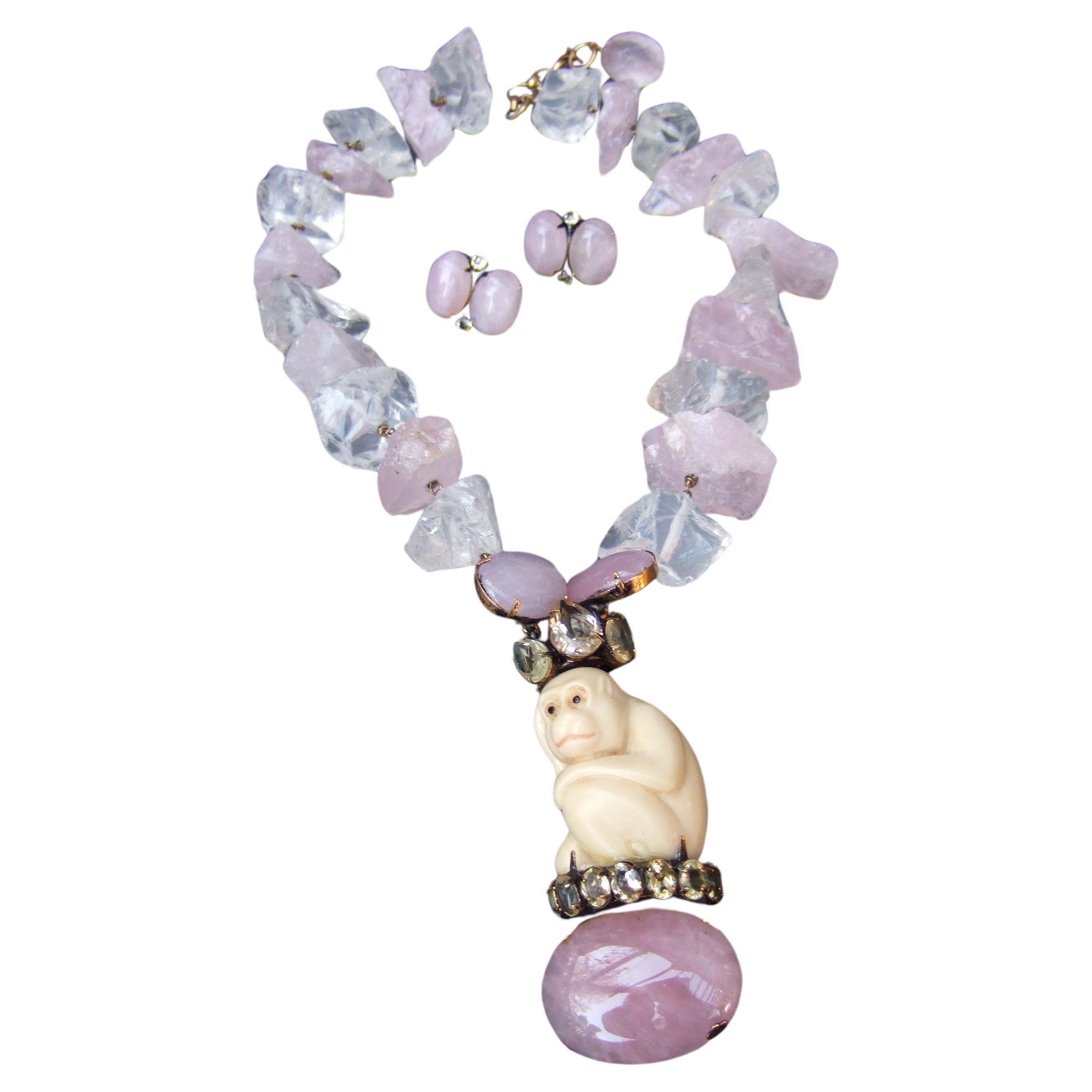 Iradj Moini Pink Quartz Semi Precious Carved Antler Monkey Necklace & Earrings  For Sale