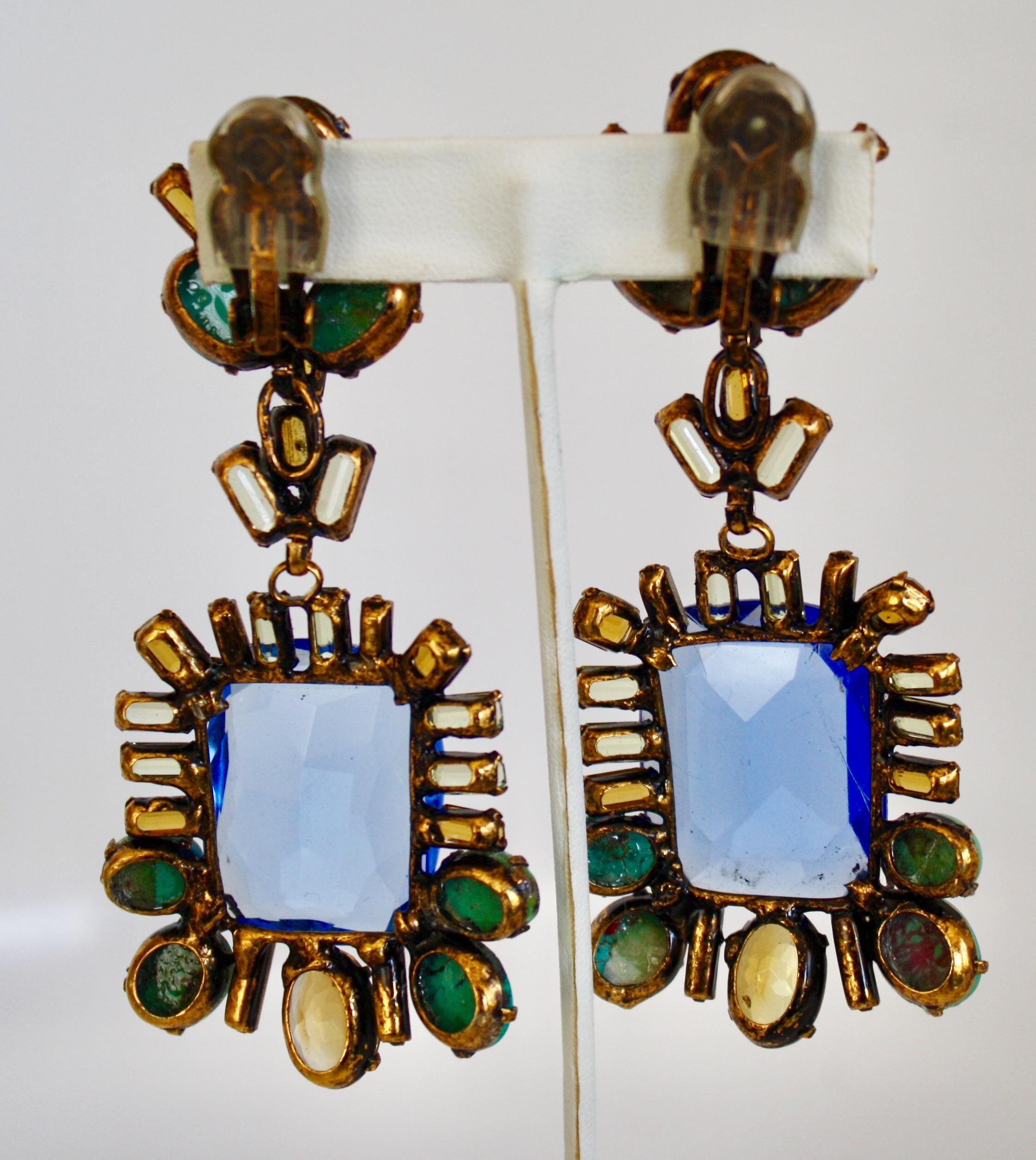 Iradj Moini Saphire, Citrine, and Turquoise Clip Earrings In New Condition In Virginia Beach, VA