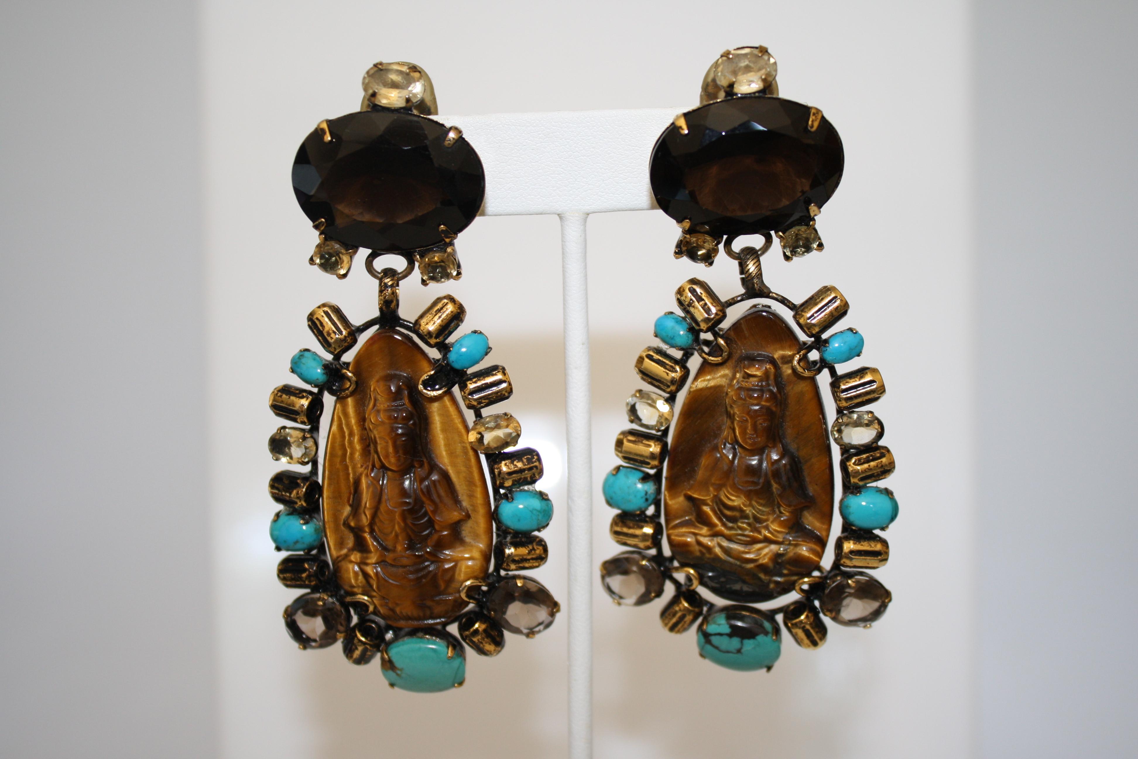 Iradj Moini Turquoise, Tigers Eye, and Quartz Buddha Clip Earrings     In Excellent Condition In Virginia Beach, VA