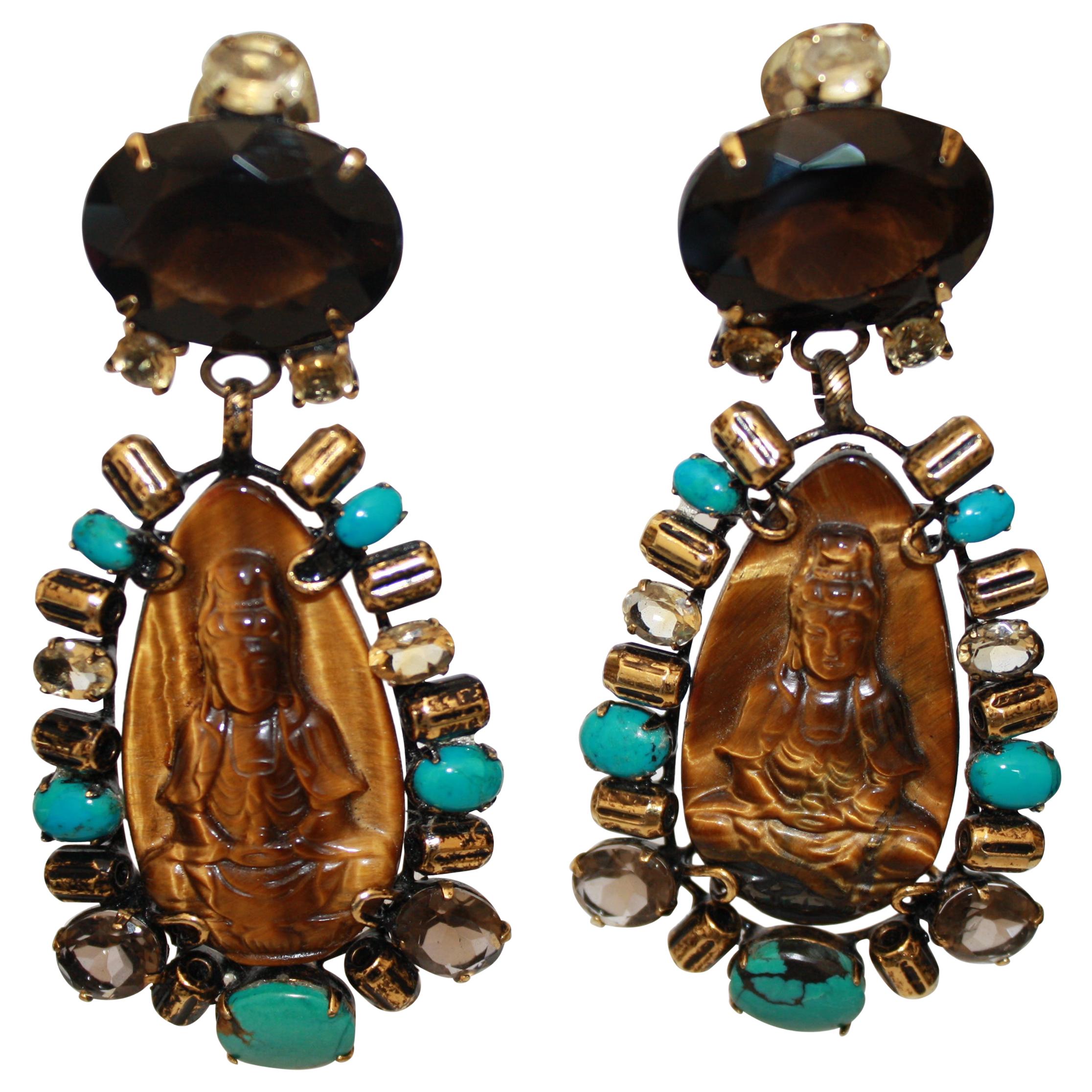 Iradj Moini Turquoise, Tigers Eye, and Quartz Buddha Clip Earrings    