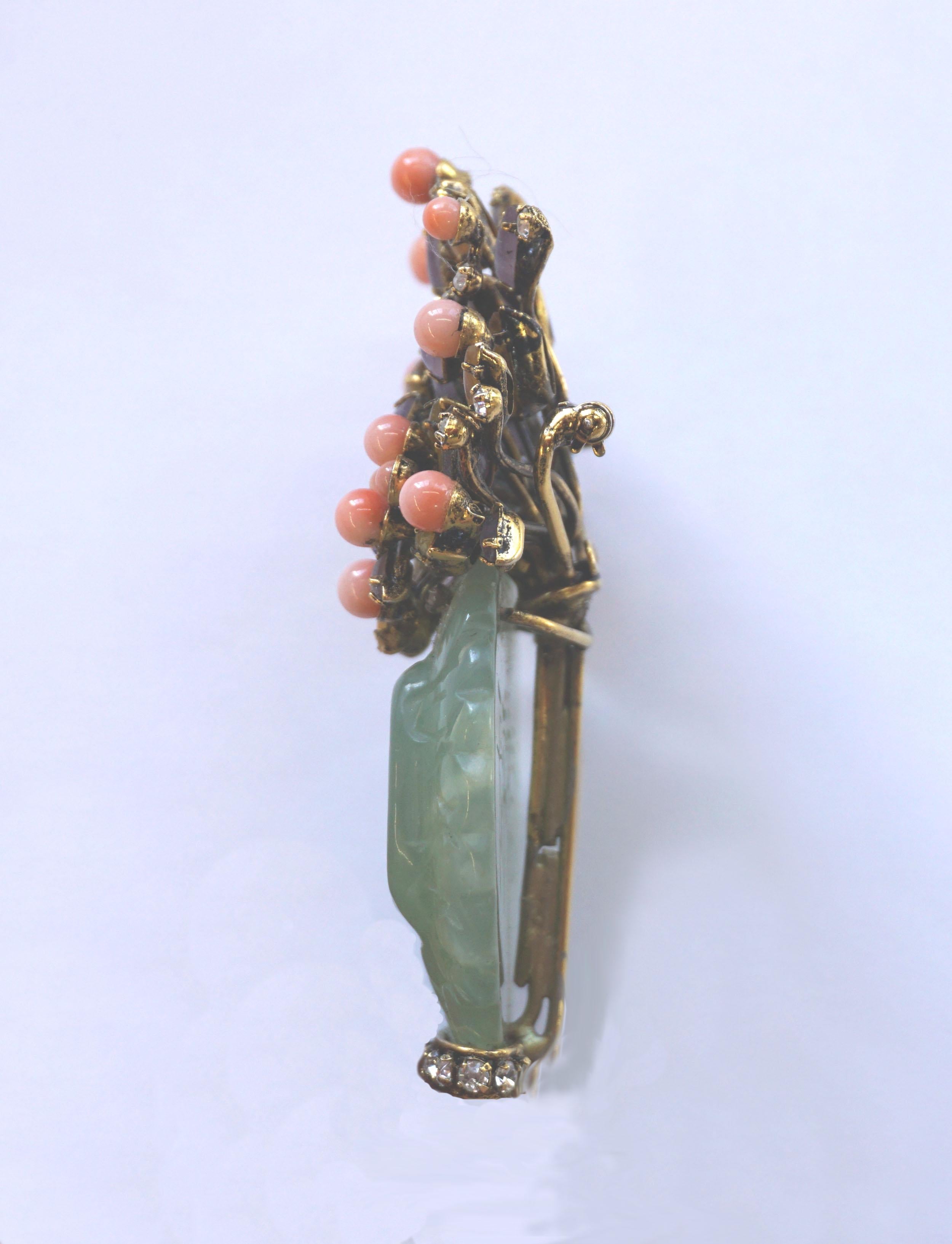 North American Iradj Moini Vase Pin of Jade, Coral, Amethyst and Amber