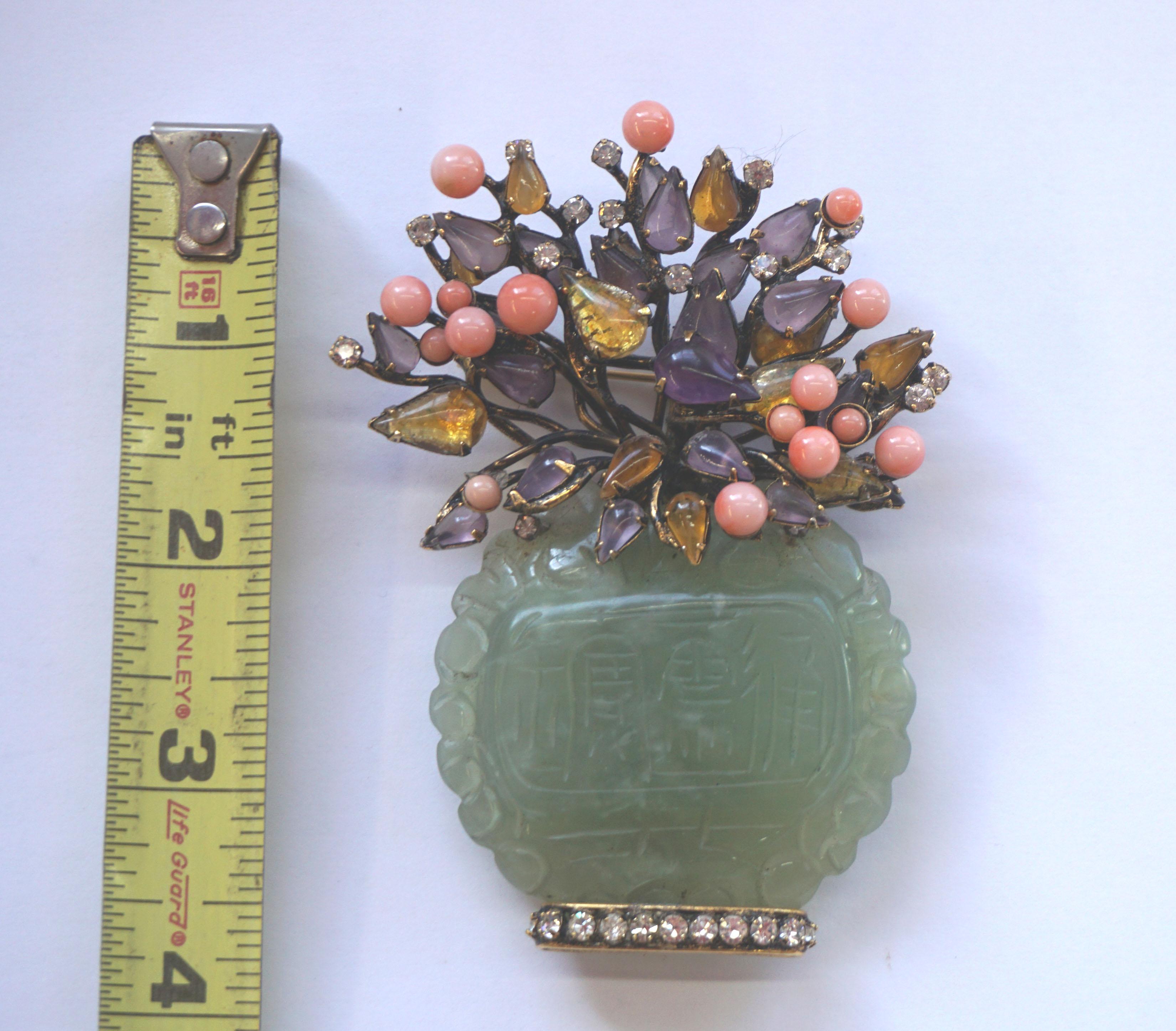 Hand-Carved Iradj Moini Vase Pin of Jade, Coral, Amethyst and Amber
