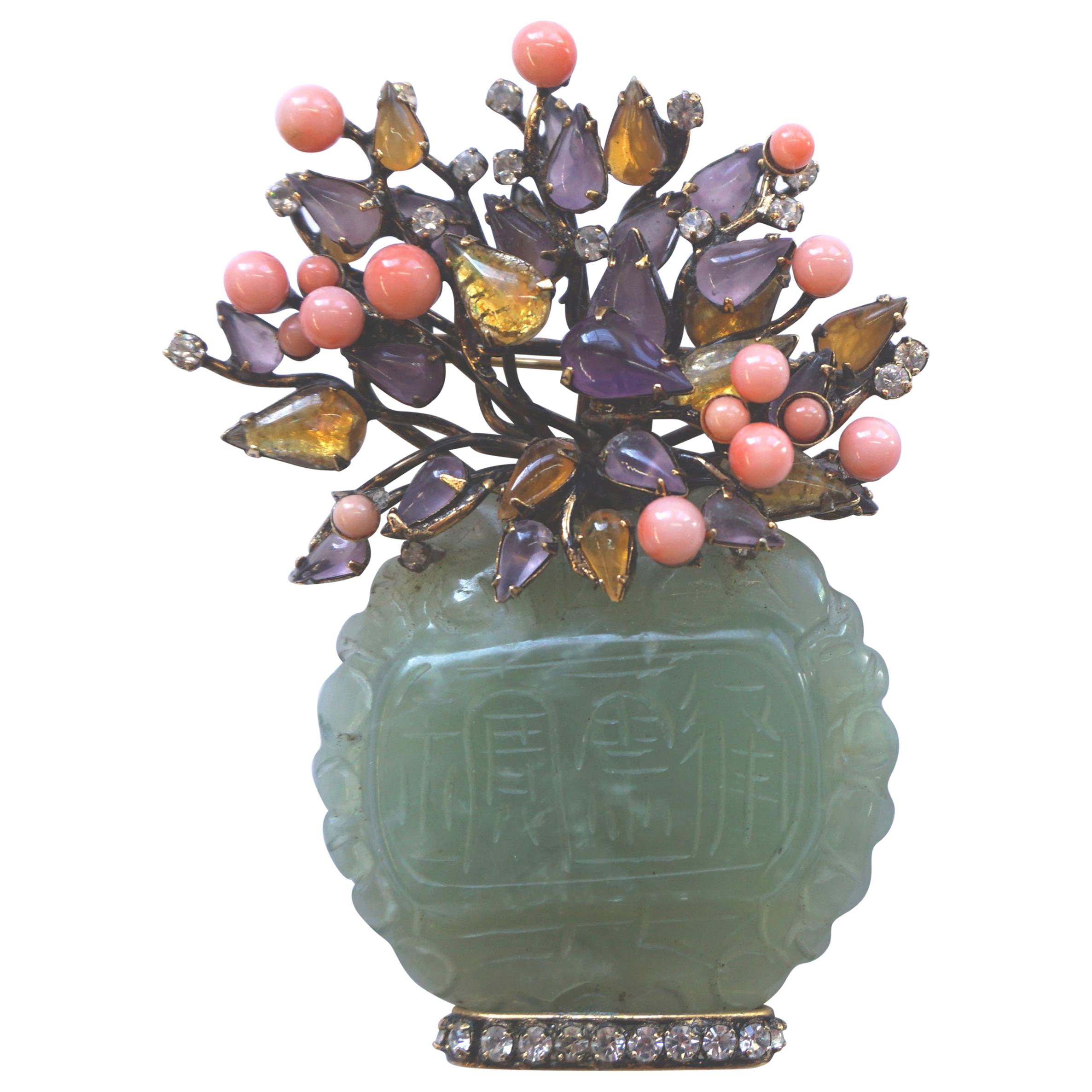 Iradj Moini Vase Pin of Jade, Coral, Amethyst and Amber