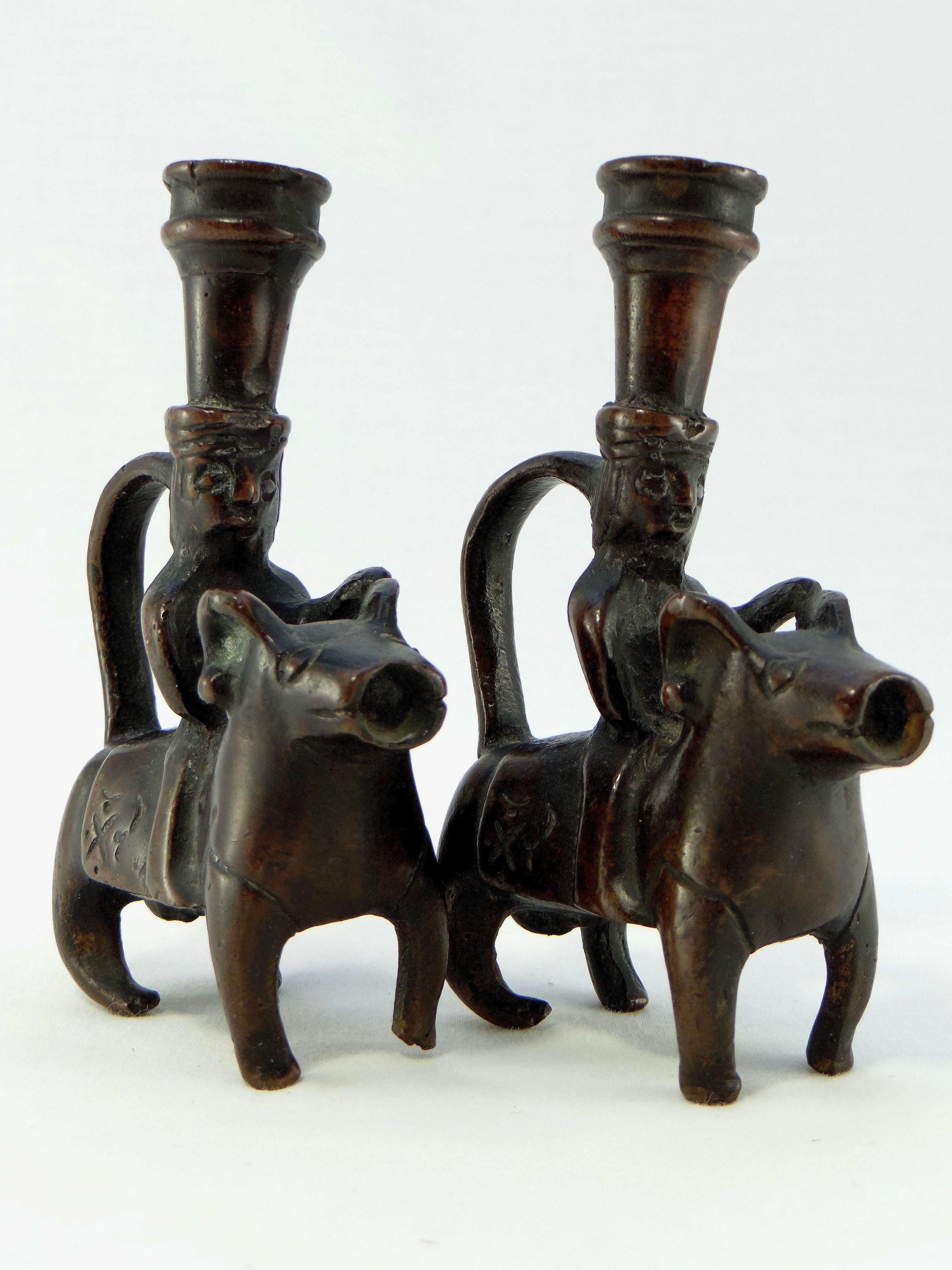 Iran 18th-19th Century, Pair of Bronze Candlesticks Characters on Rams For Sale 4