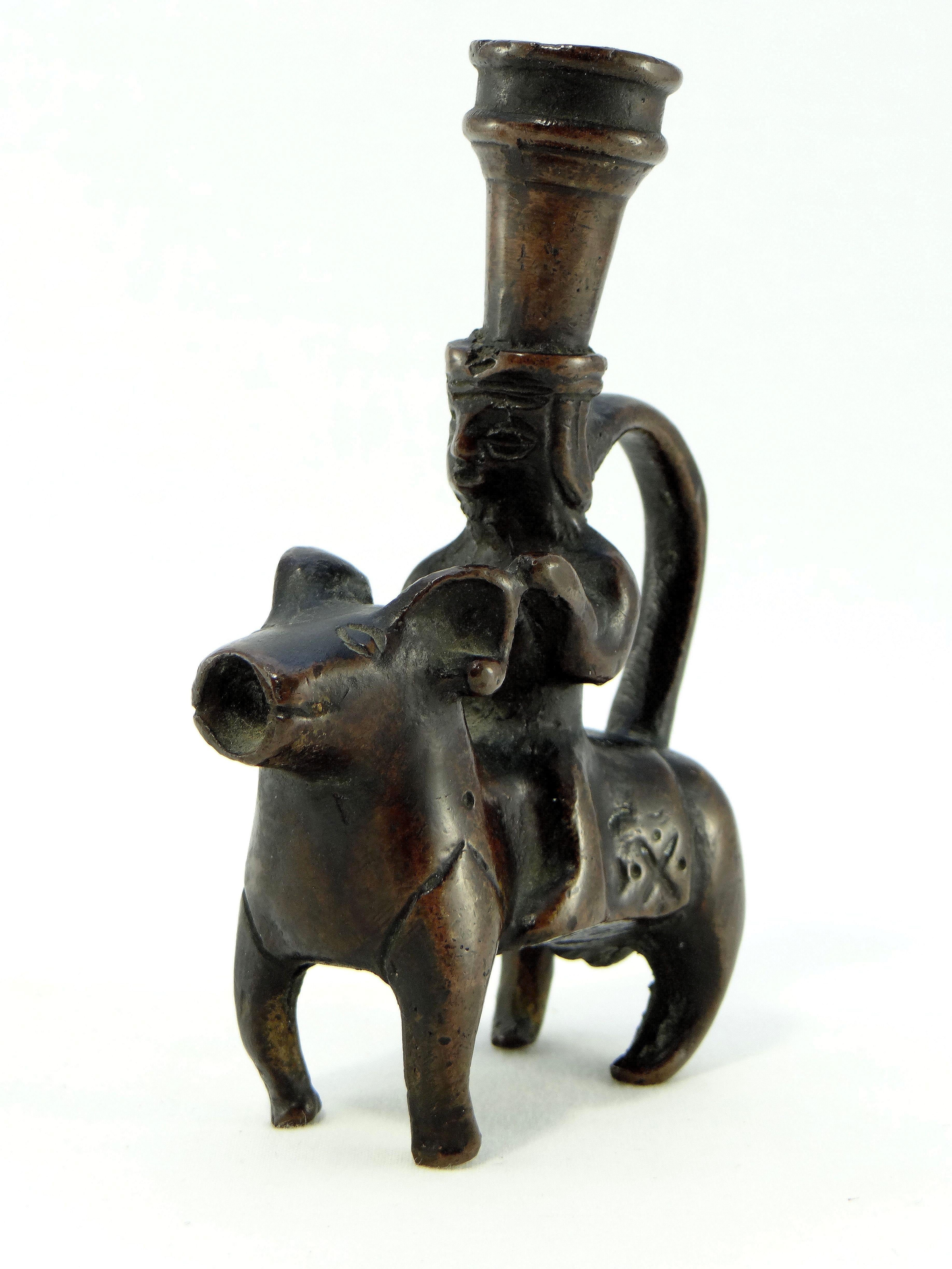 Persian Iran 18th-19th Century, Pair of Bronze Candlesticks Characters on Rams For Sale