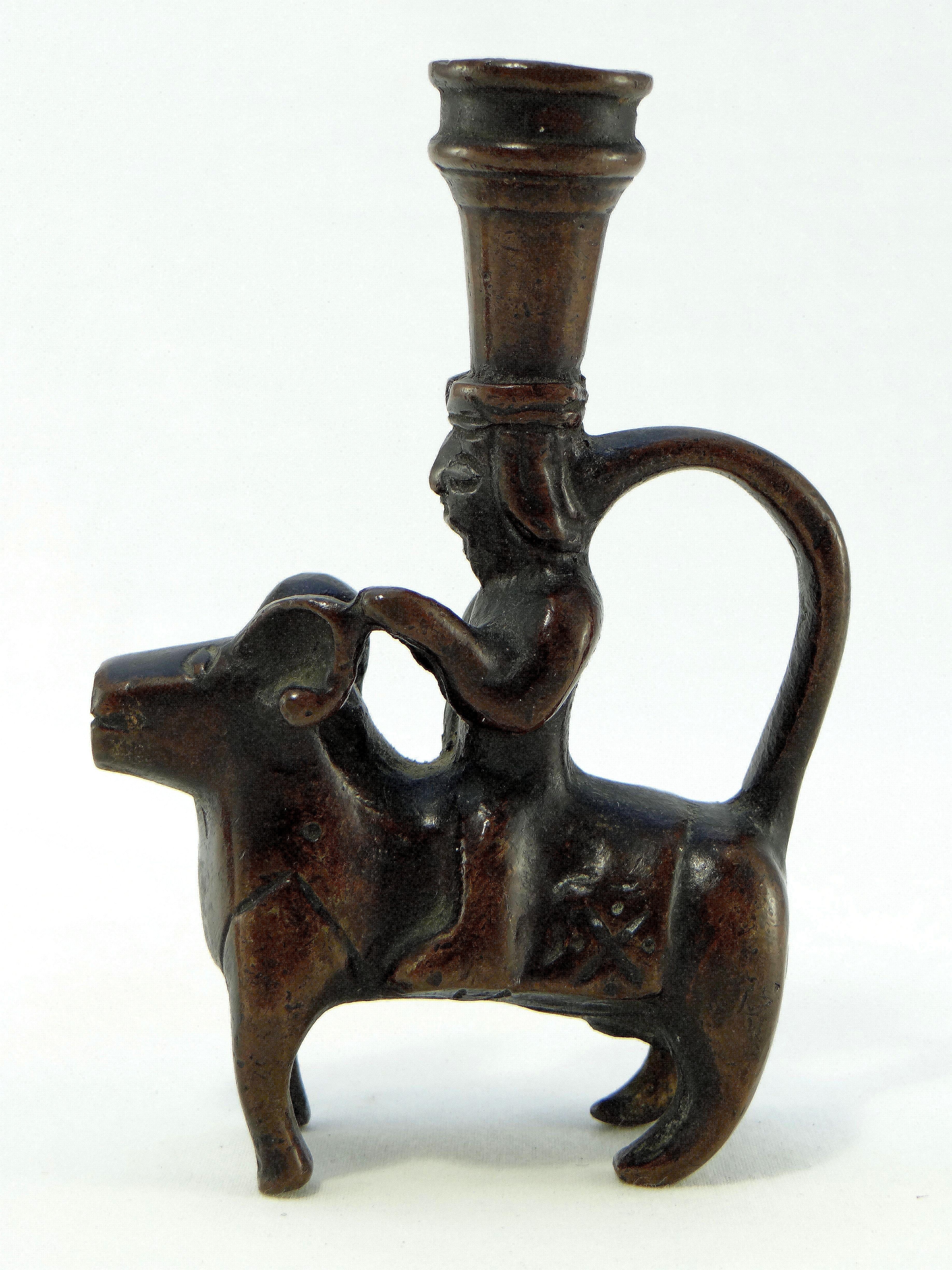 Iran 18th-19th Century, Pair of Bronze Candlesticks Characters on Rams For Sale 2