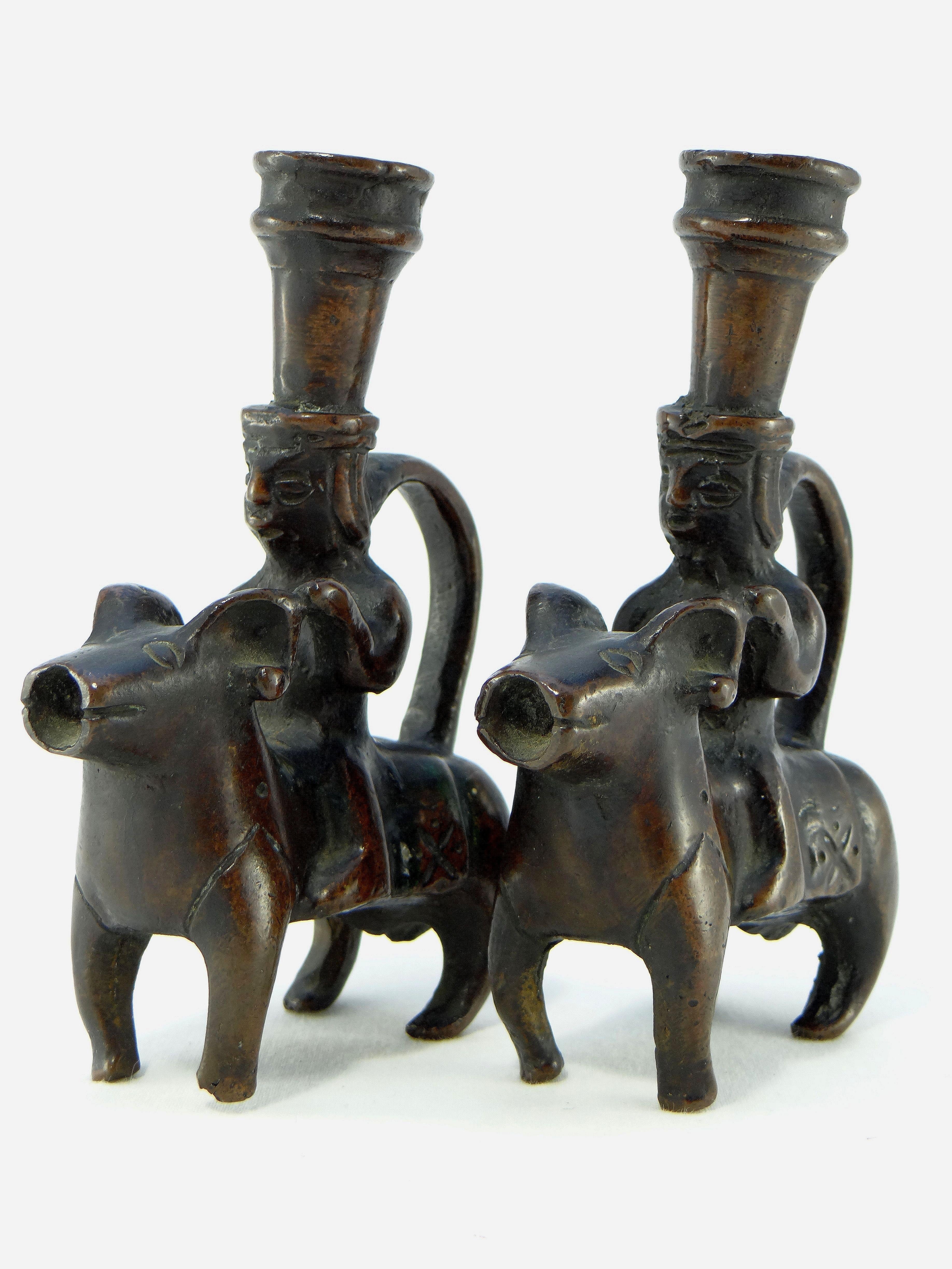 Iran 18th-19th Century, Pair of Bronze Candlesticks Characters on Rams For Sale 3