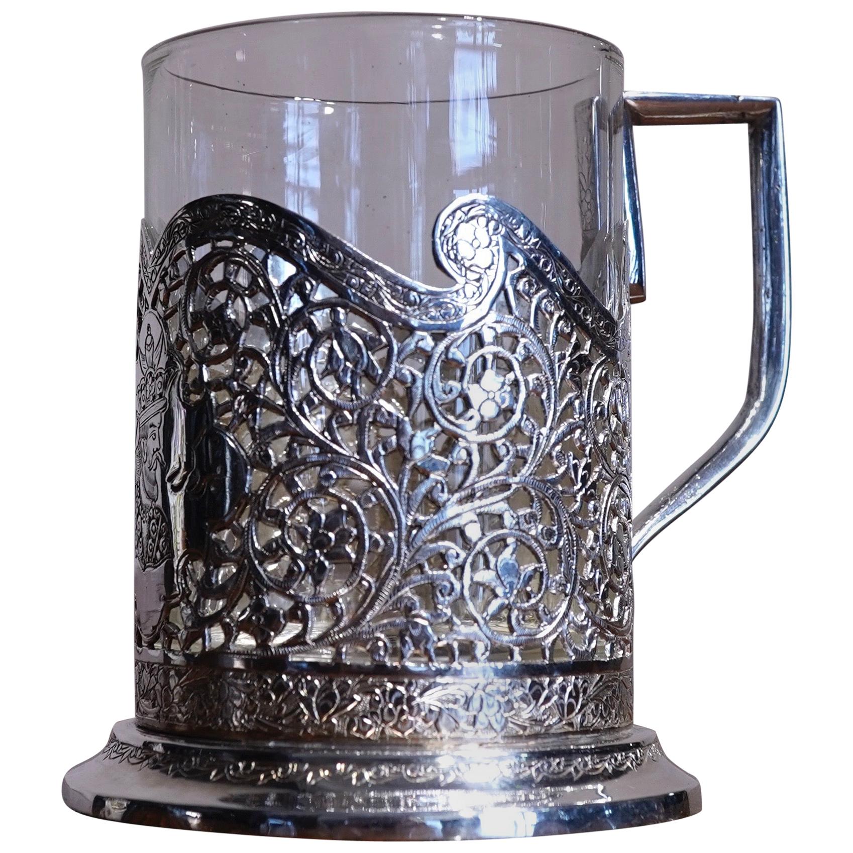 Iranian Silver and Glass Coffee Cup, Head of a Ruler, Qajar, 19th Century For Sale
